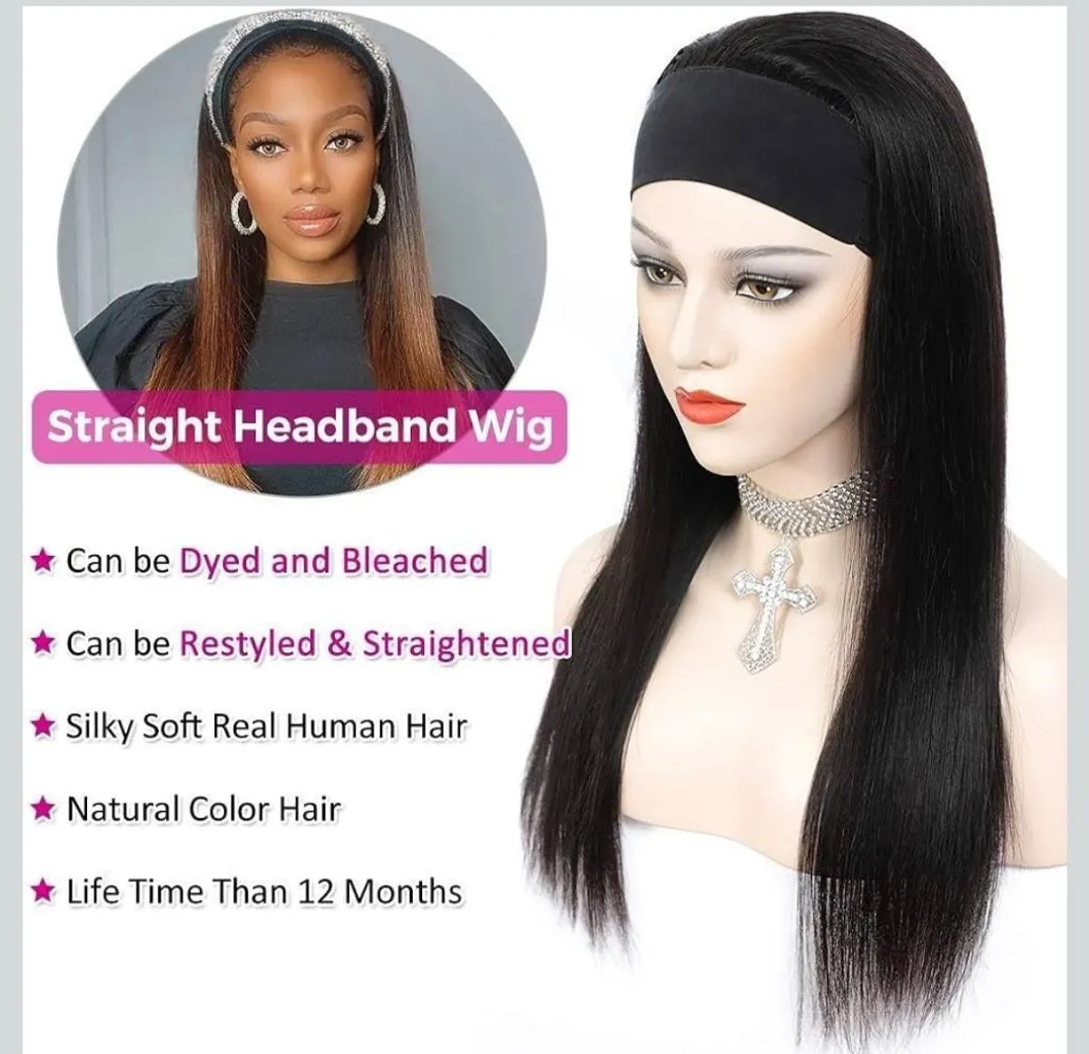 Headband Wig Human Hair Straight 18 Inch Headband Wigs for Black Women Glueless None Lace Front Human Hair Headband Synthetic Wig Machine Made Wig Natural Black 150% Density