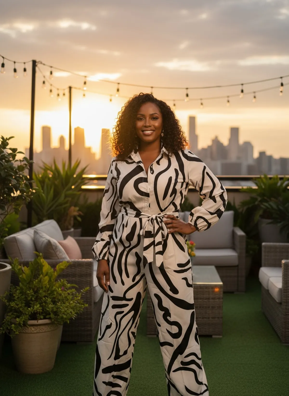 Plus Size Random Print Cream/Black Wide Leg Jumpsuit - Size XL