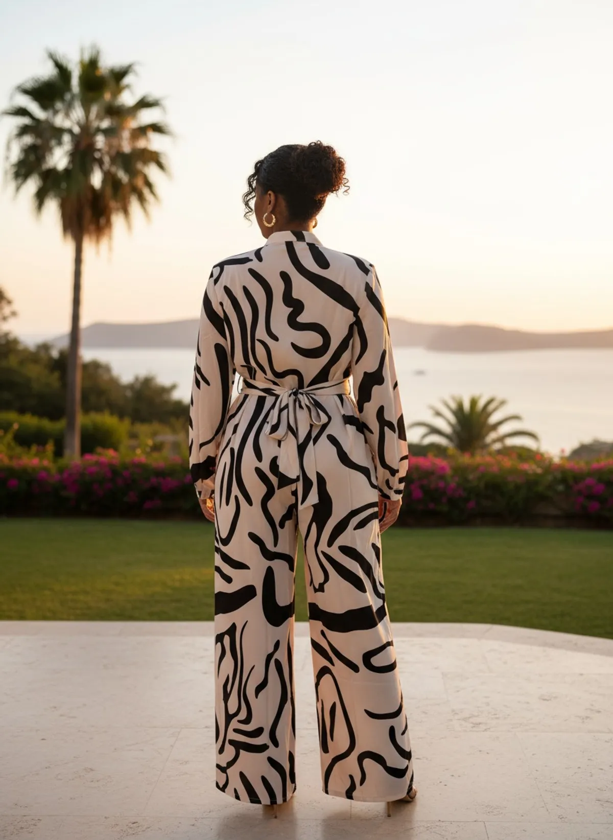 Plus Size Random Print Cream/Black Wide Leg Jumpsuit - Size XL