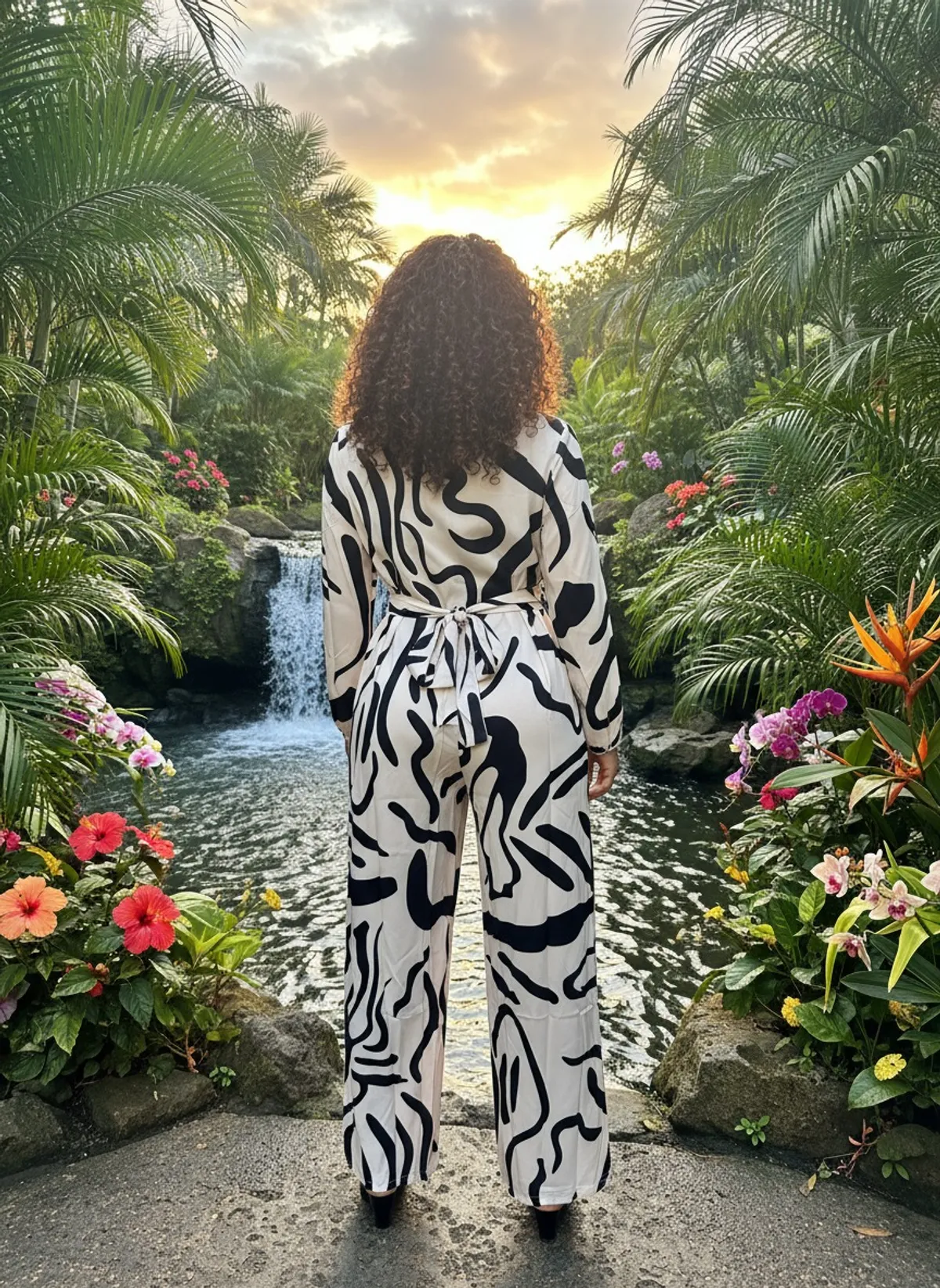 Plus Size Random Print Cream/Black Wide Leg Jumpsuit - Size XL