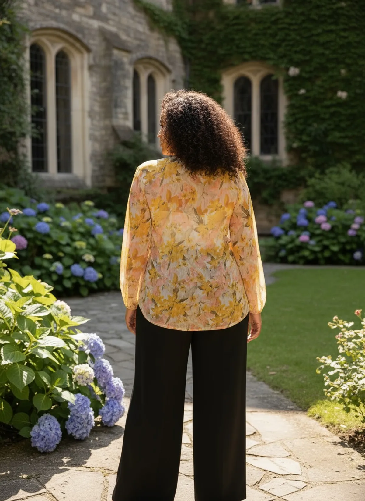Plus Size Women's Romantic Elegant Yellow Allover Flower Print Ruffle Hem Tie Front Blouse - Size 3XL