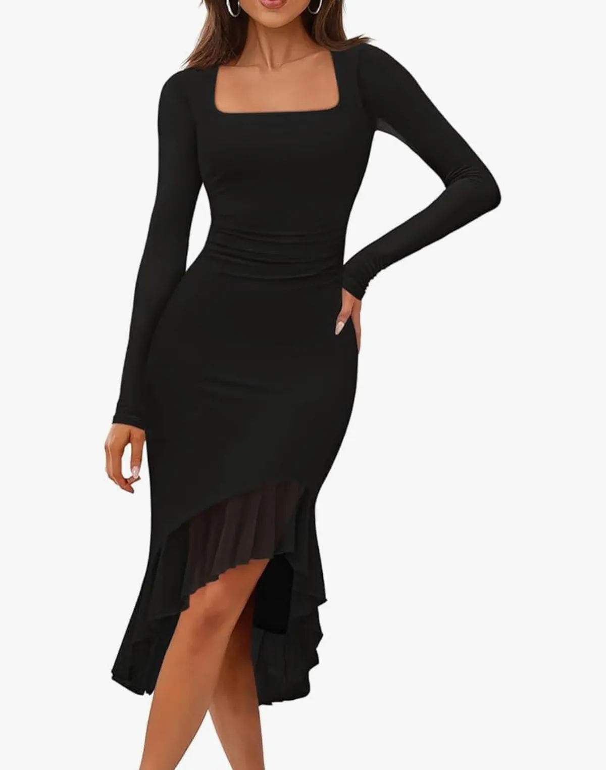 Women's Long Sleeve Fall Wedding Guest Dress Elegant Classy Bodycon Square Neck Mesh Cocktail Midi Dresses Size M