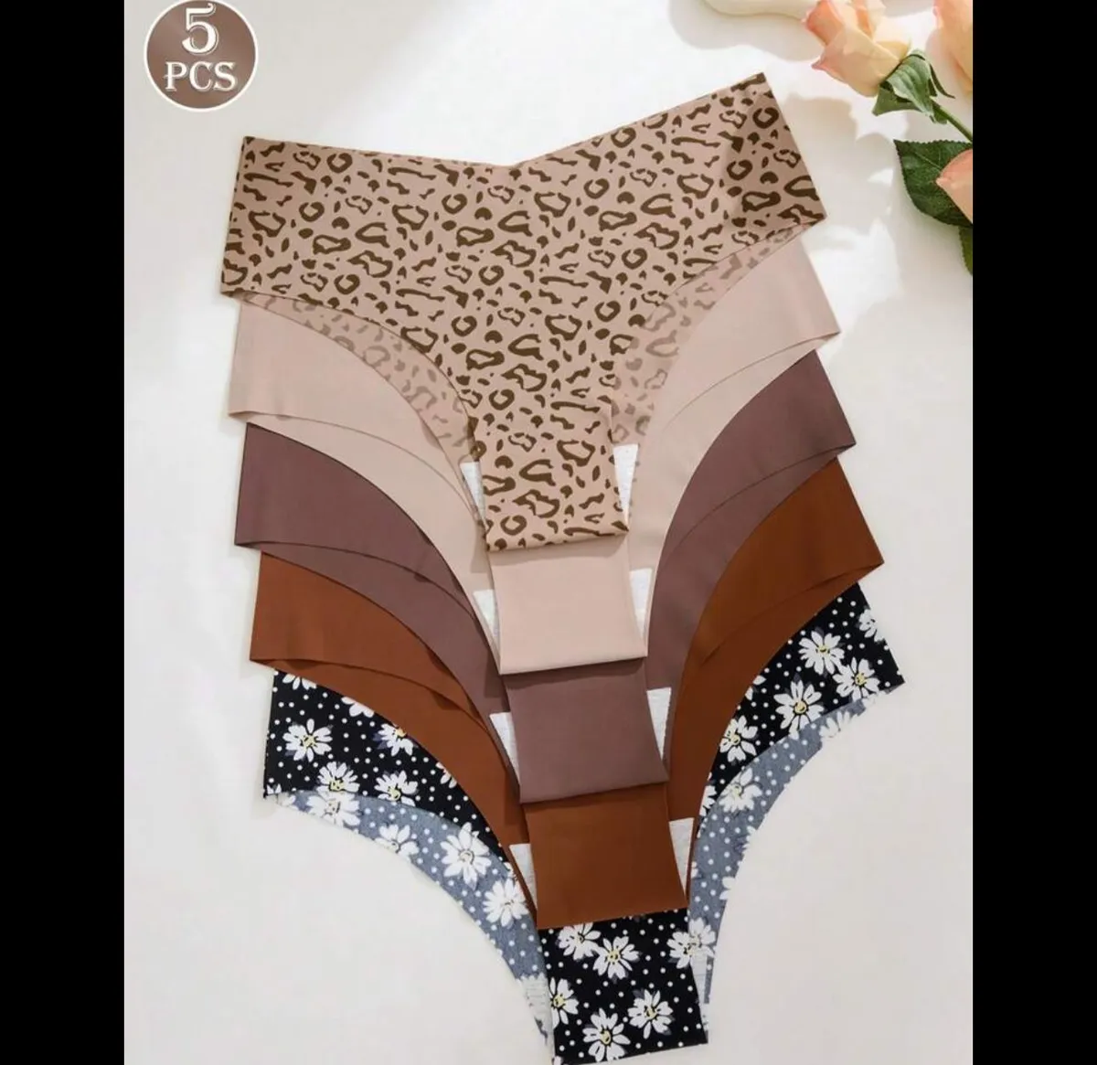 5pcs Women Seamless Sexy Leopard & Daisy Print Breathable Panties, Comfortable For Fitness & Sports - Size M