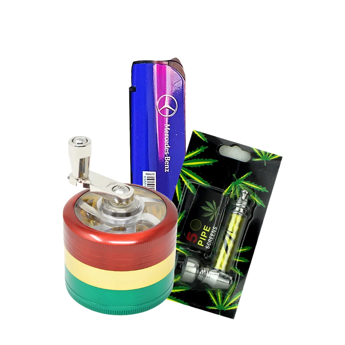 Refilable Torch Lighter,Metal Tobacco Pipe and Red,Green,Gold Metal Tobacco Grinder with Hand Crank , Blue