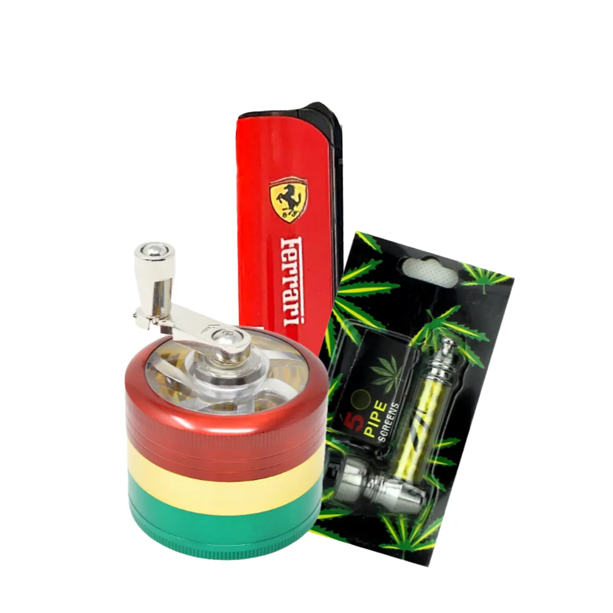 Refilable Torch Lighter,Metal Tobacco Pipe and Red,Green,Gold Metal Tobacco Grinder with Hand Crank