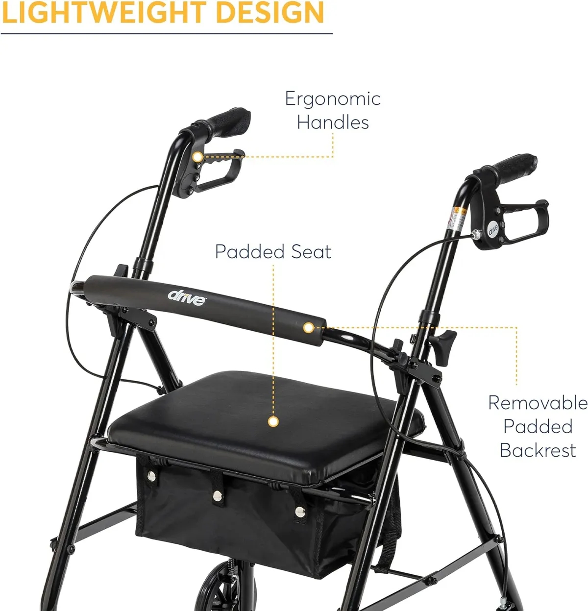 Drive Medical Aluminum Rollator with 6" Wheels, Padded Seat, 4 Wheels Loop Locks, Black Frame (R726BK)