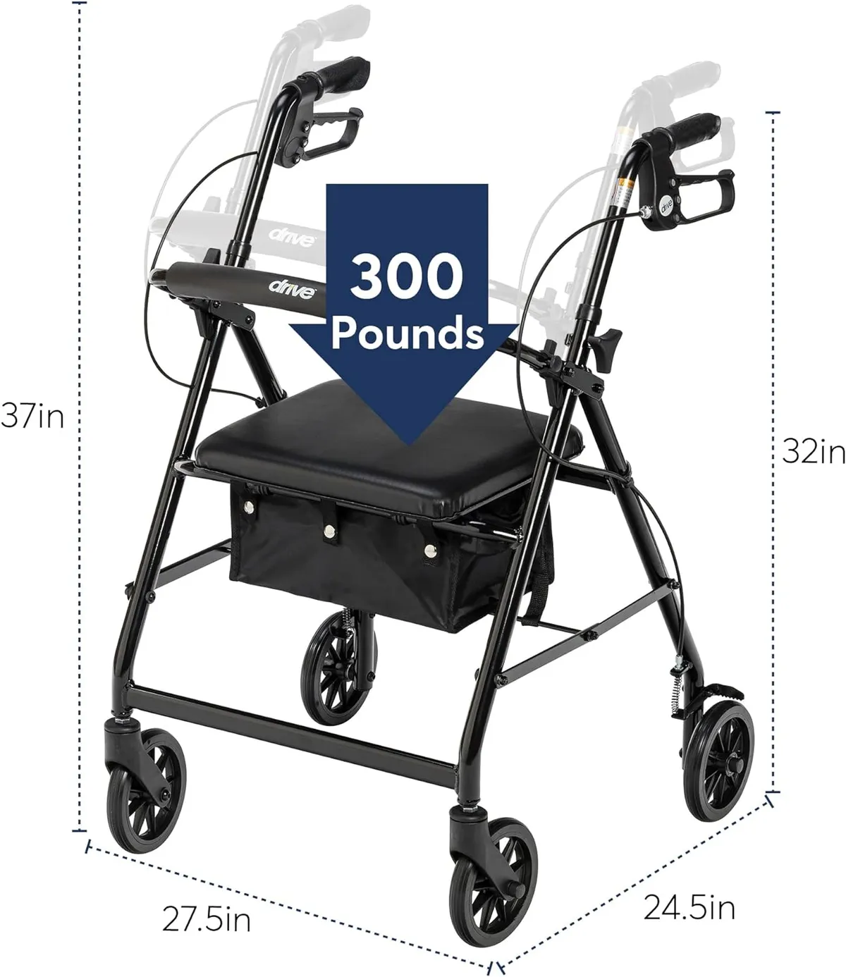 Drive Medical Aluminum Rollator with 6" Wheels, Padded Seat, 4 Wheels Loop Locks, Black Frame (R726BK)