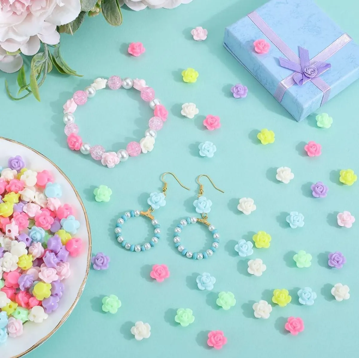52pcs Large Acrylic Flower Beads Rose Flower Beads Spring Rosary Floral Candy Color Opaque Big Colorful Bead Charms for Jewelry Making Women Bracelet Necklace Keychain Crafts Accessories