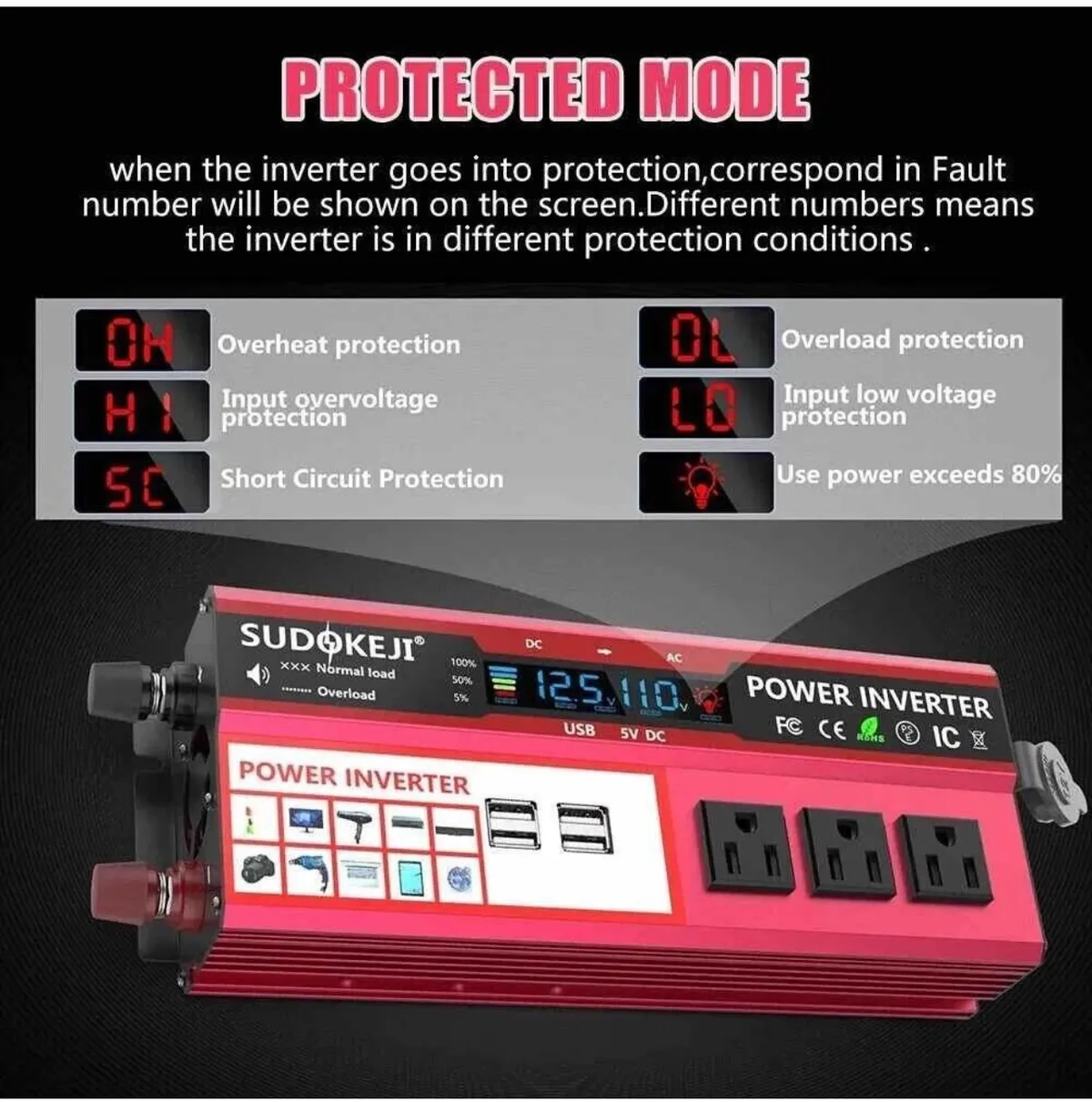 5000W Car Power Inverter DC 12V To AC 110V 4 USB