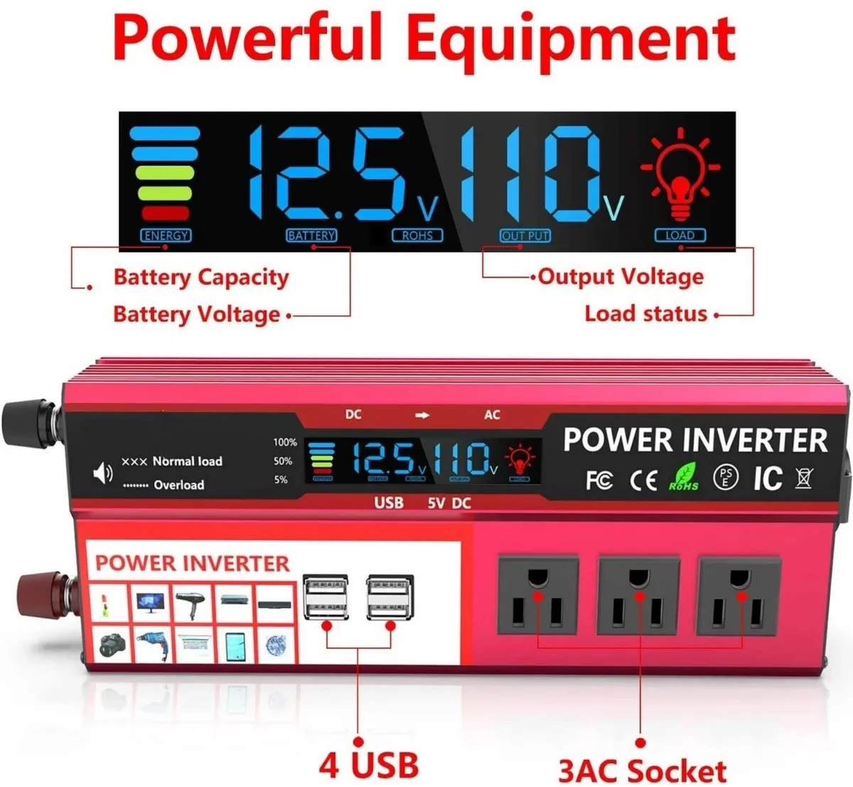 5000W Car Power Inverter DC 12V To AC 110V 4 USB