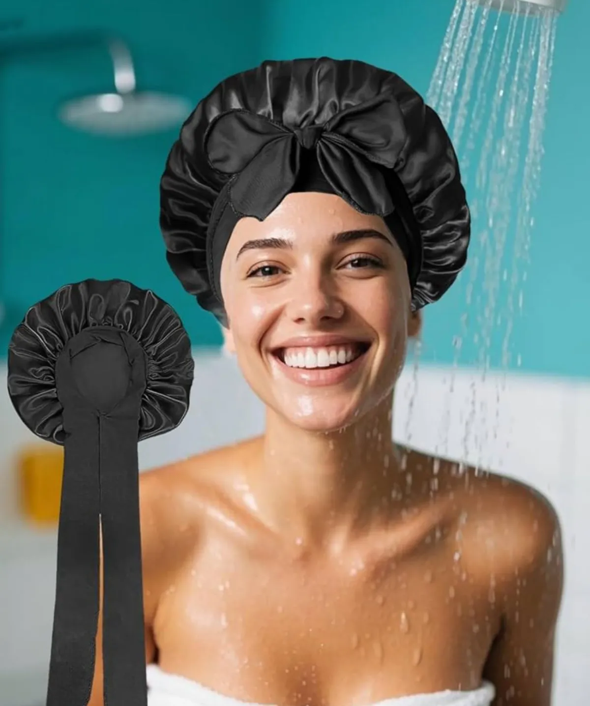1 PC Silk Bow Bonnet for Sleeping Women, Satin Bonnet Double Layer Satin Lined Black Hair Bonnet
