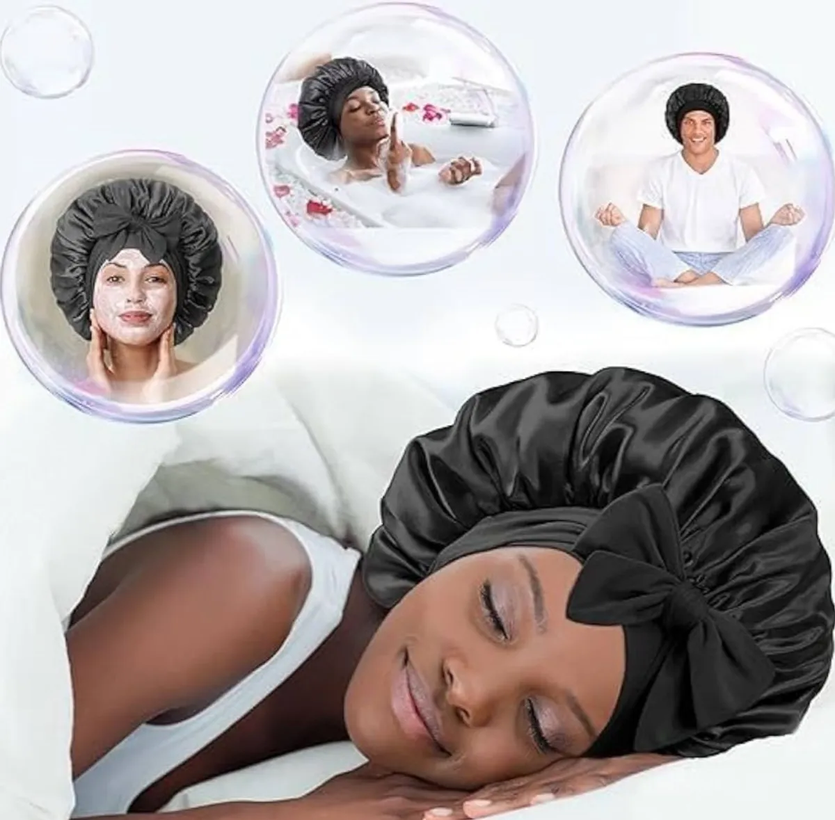 1 PC Silk Bow Bonnet for Sleeping Women, Satin Bonnet Double Layer Satin Lined Black Hair Bonnet