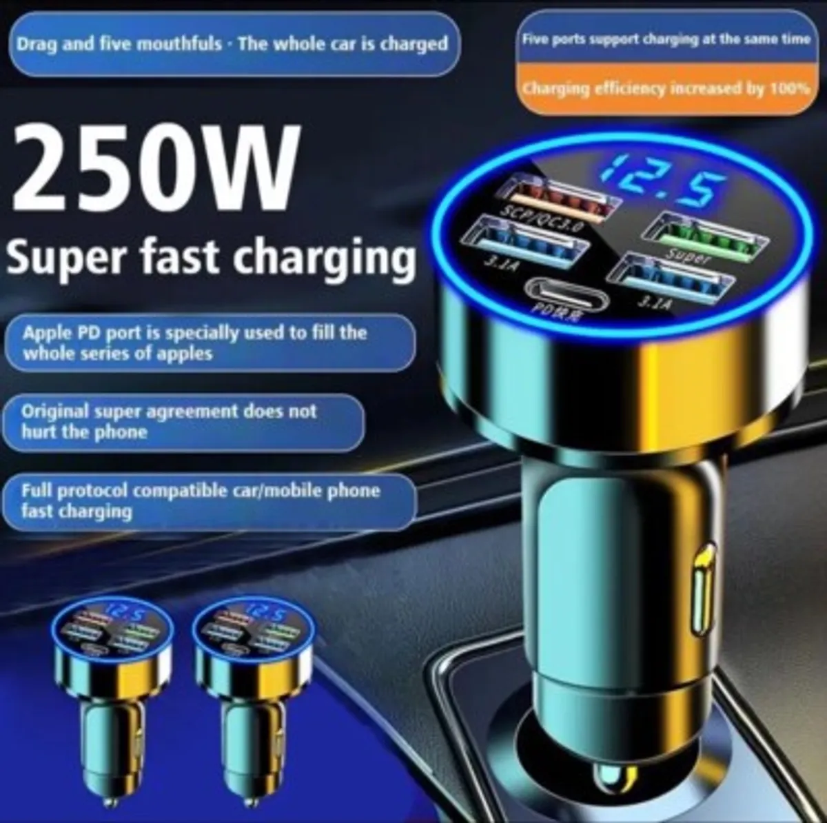 New 66W Digital Display Car Charger, 4 USB Ports, PD Fast Charging, 1-to-4 QC3.0 Adapter.
