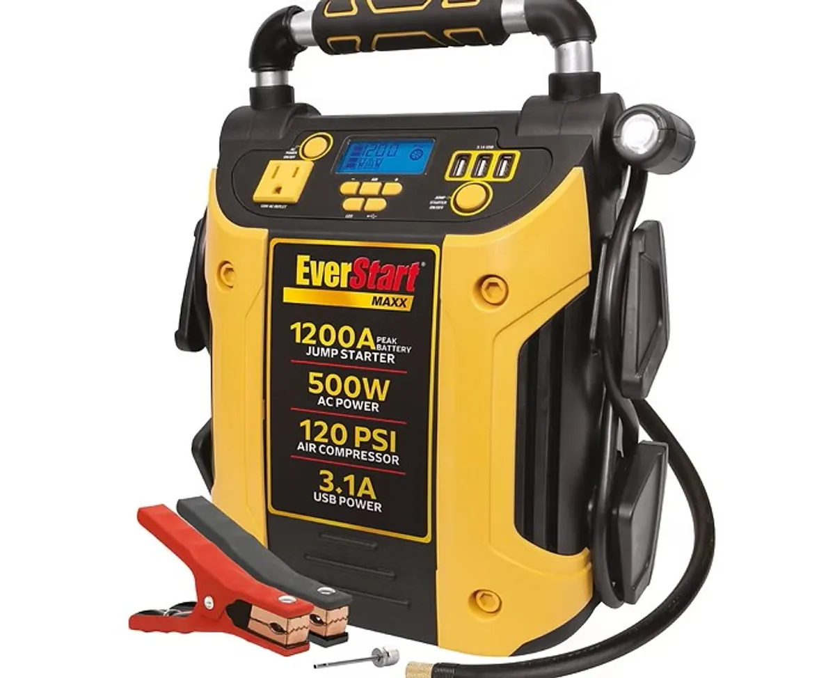 EverStart Maxx Portable 1200 Peak Amps 12v Jump Starter, Power Station, 500W Inverter, 120 PSI Digital Compressor -  enough power to start most vehicles (up to and including V8-powered cars and trucks)