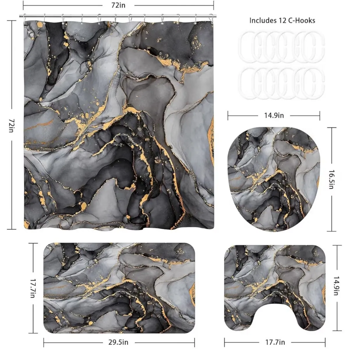 4 Pcs Black Marble, Gold, Modern Abstract Shower Curtain Sets Shower Curtains for Bathroom.