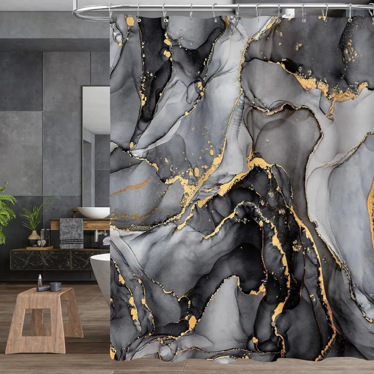 4 Pcs Black Marble, Gold, Modern Abstract Shower Curtain Sets Shower Curtains for Bathroom.
