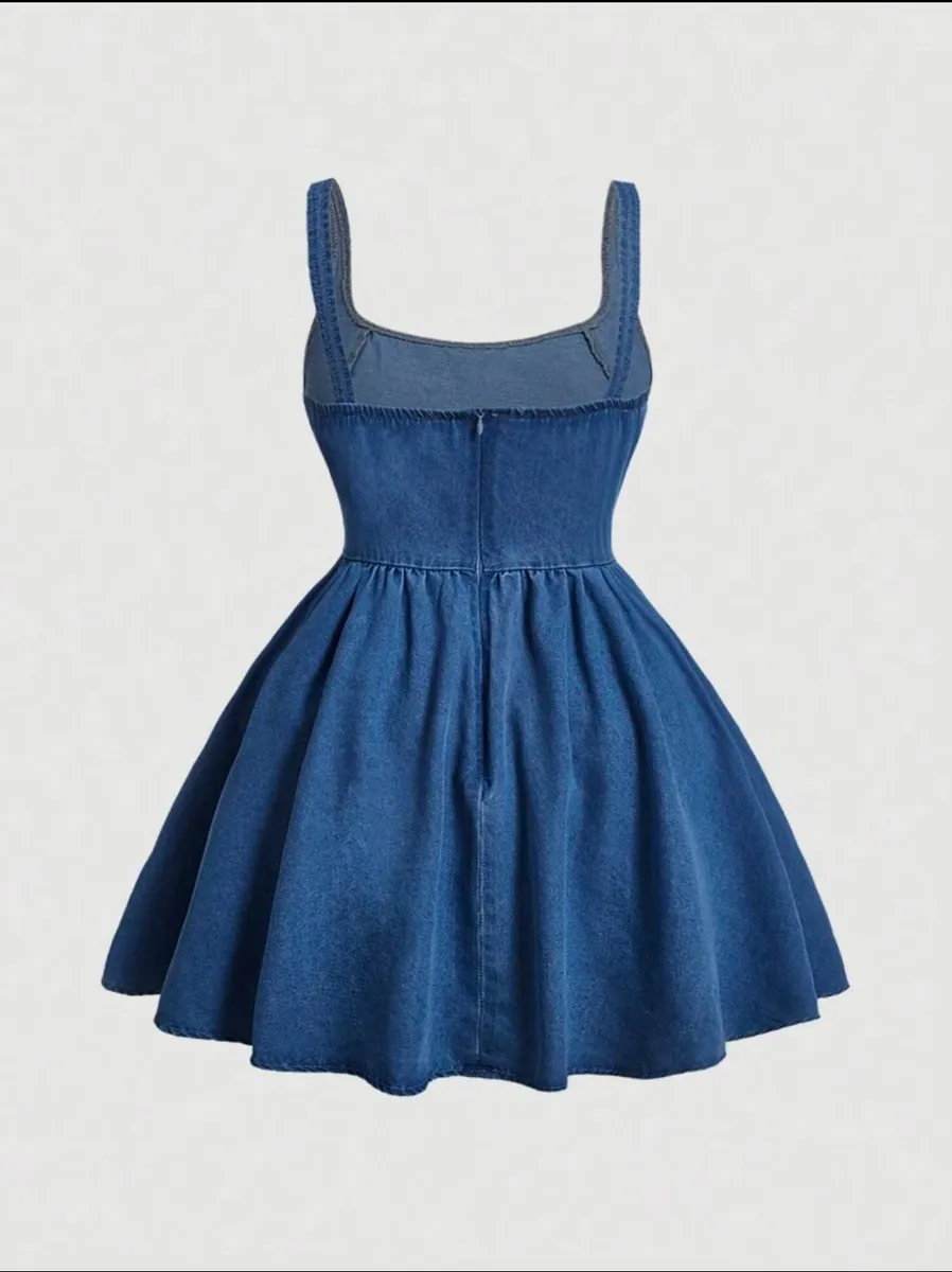 Round Neck Sleeveless Denim Dress With Ruffles Hem, Backless, Chic And Elegant- Size XS