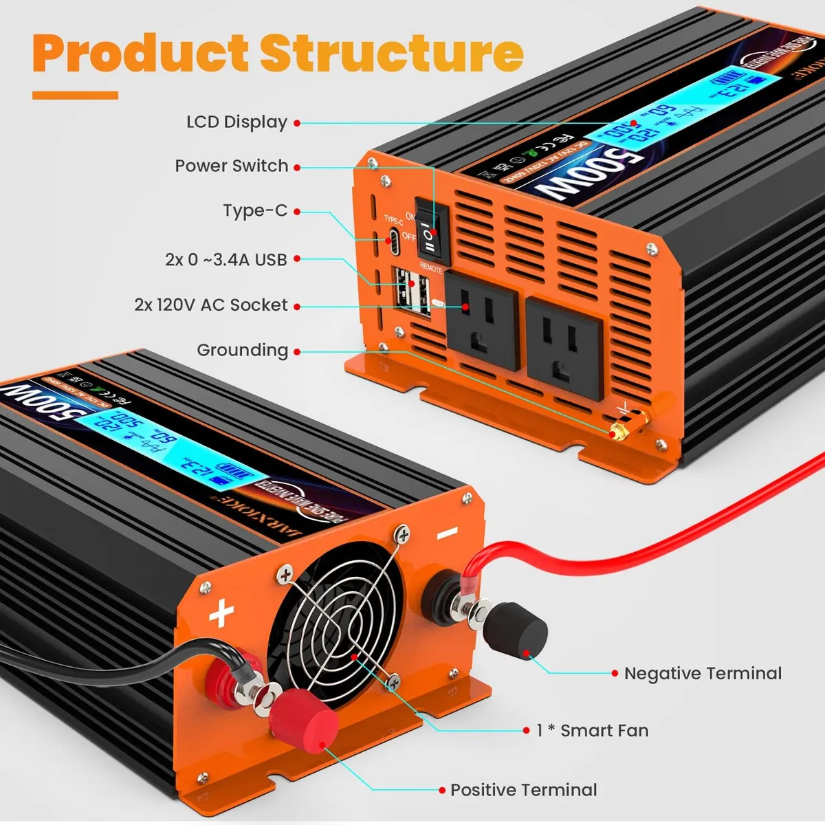 500 Watt Pure Sine Wave Power Inverter 12V DC to 110V 120V Converter for Home, RV and Off-Grid Solar Systems with Type-C Port, 2 AC Outlets, 2 USB Ports, LCD Display  PEAK CURRENT 1000 Watt