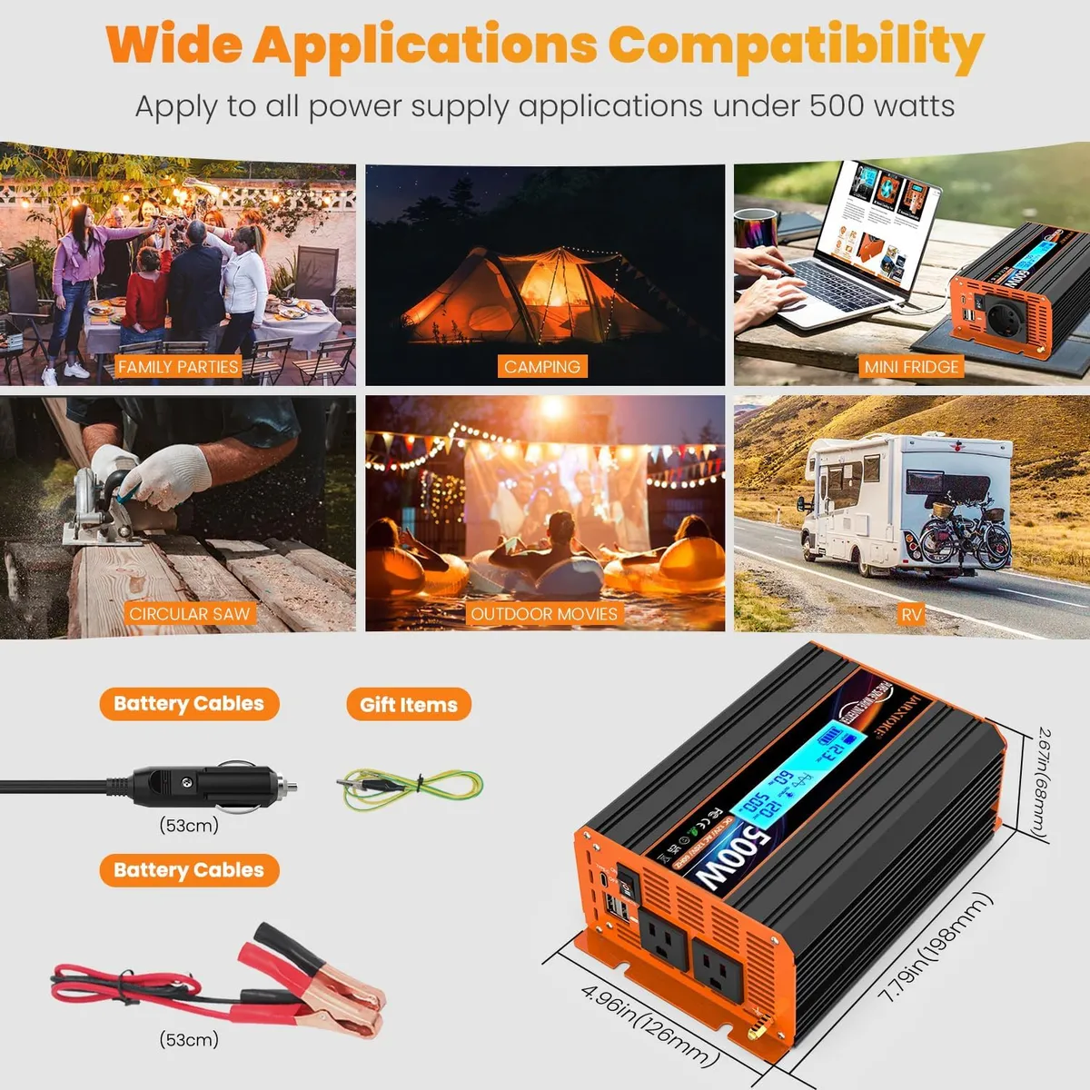 500 Watt Pure Sine Wave Power Inverter 12V DC to 110V 120V Converter for Home, RV and Off-Grid Solar Systems with Type-C Port, 2 AC Outlets, 2 USB Ports, LCD Display  PEAK CURRENT 1000 Watt