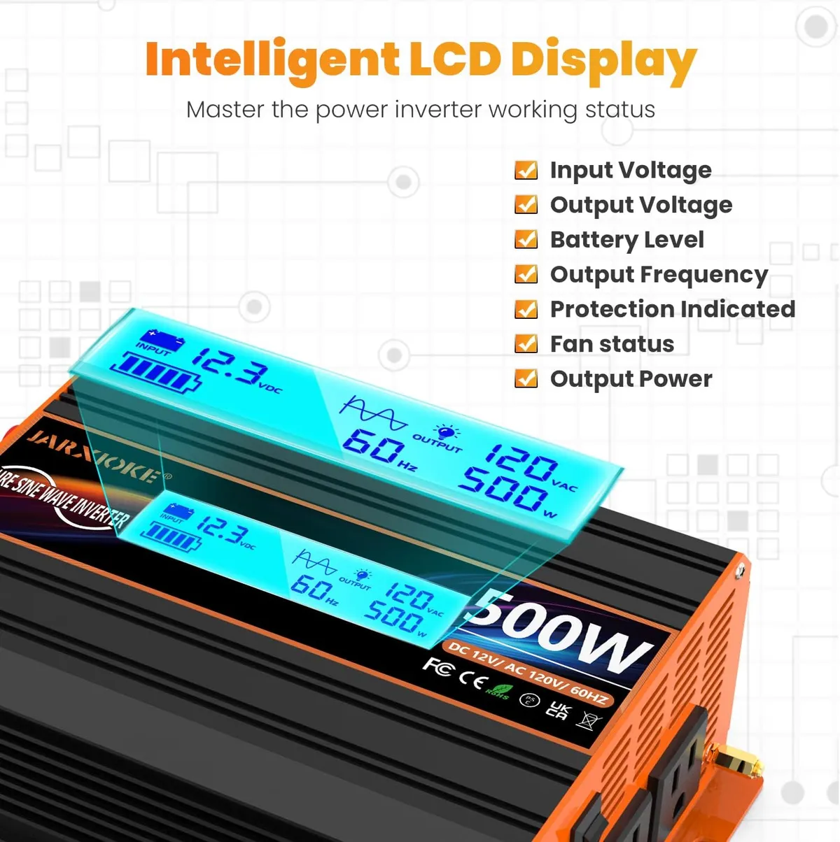 500 Watt Pure Sine Wave Power Inverter 12V DC to 110V 120V Converter for Home, RV and Off-Grid Solar Systems with Type-C Port, 2 AC Outlets, 2 USB Ports, LCD Display  PEAK CURRENT 1000 Watt