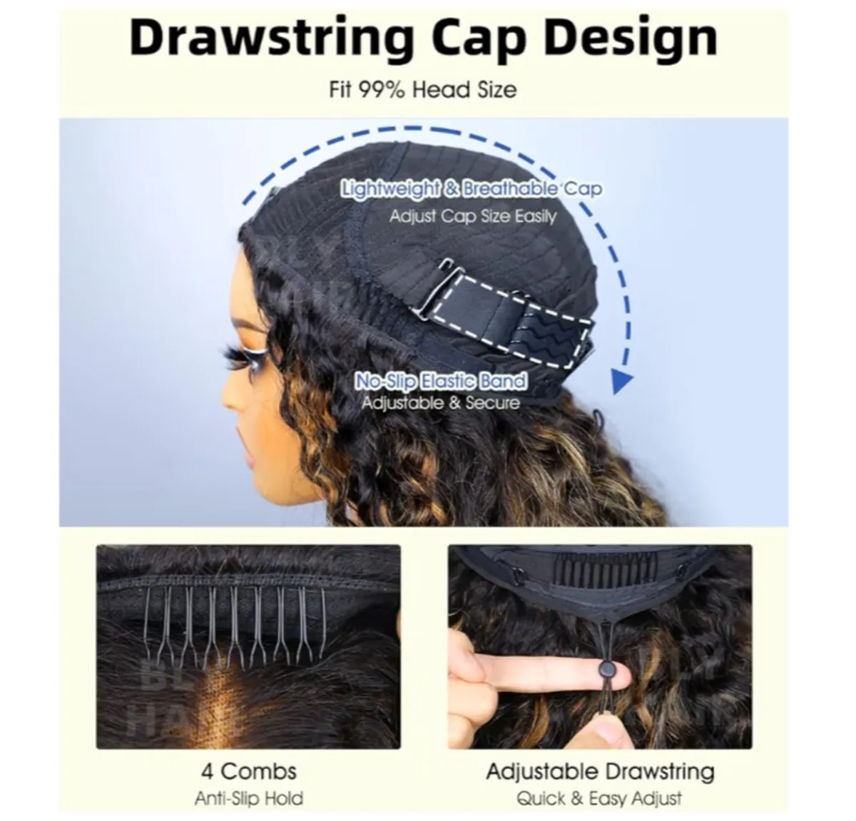 Highlight Water Wave Half Wig Human Hair 3 in 1 drawstring