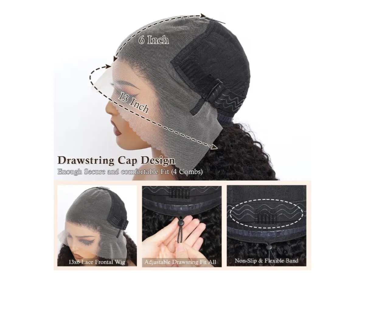 20" 13x6 Curly Wig Human Hair With Drawstring Deep wave