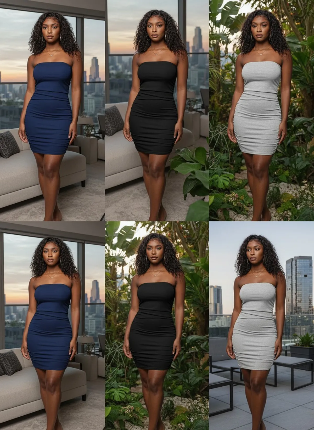 3Pcs Women Ruched Bodycon Dress, Blue, Grey, Black - Size M US6