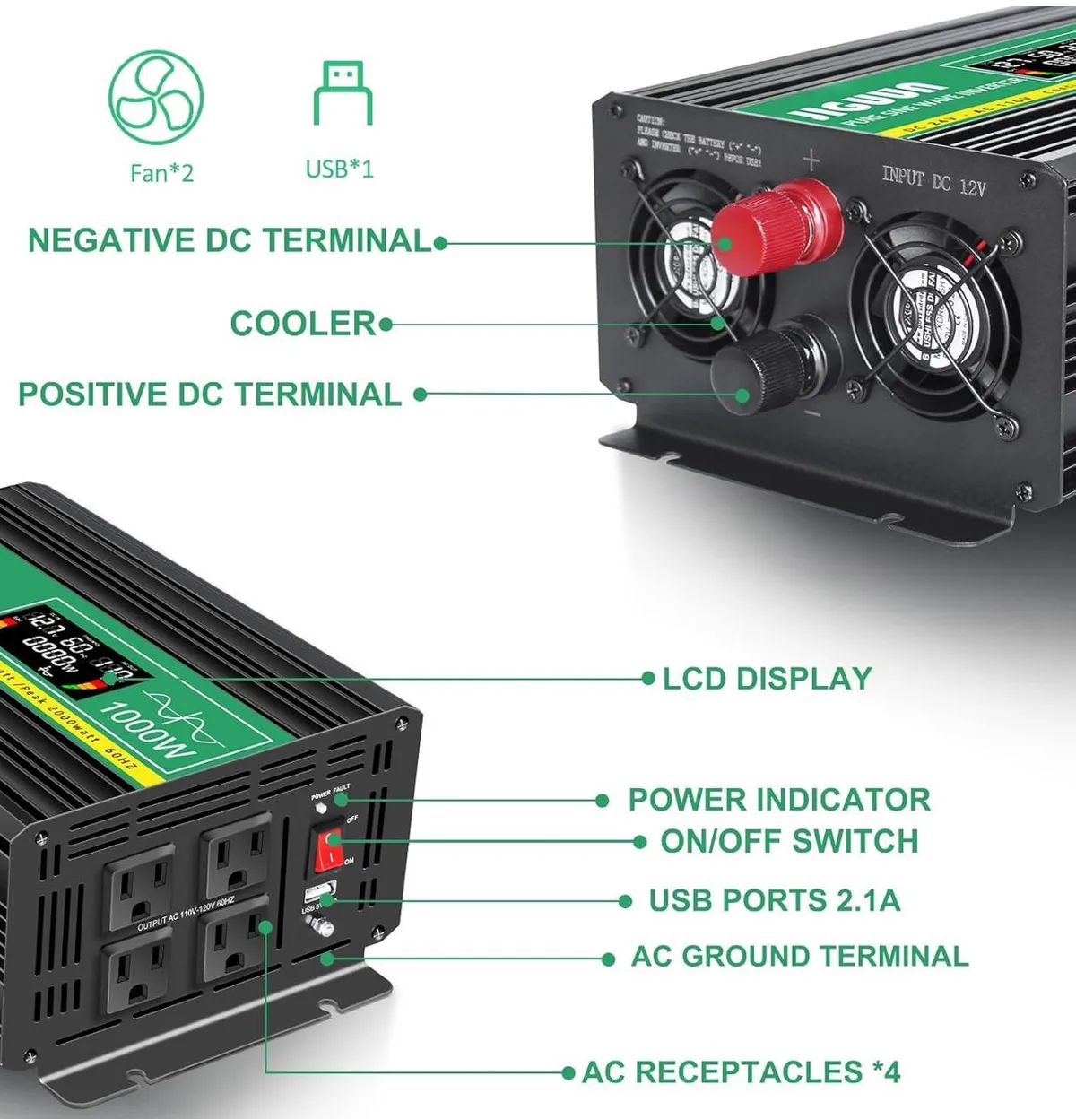 Power Inverter 1000 Watt, DC 12V to AC 120V Pure Sine Wave Inverter with LCD Display, 4 AC Outlets&USB Output, Power Converter with Remote Control  PEAK CURRENT 2000Watt