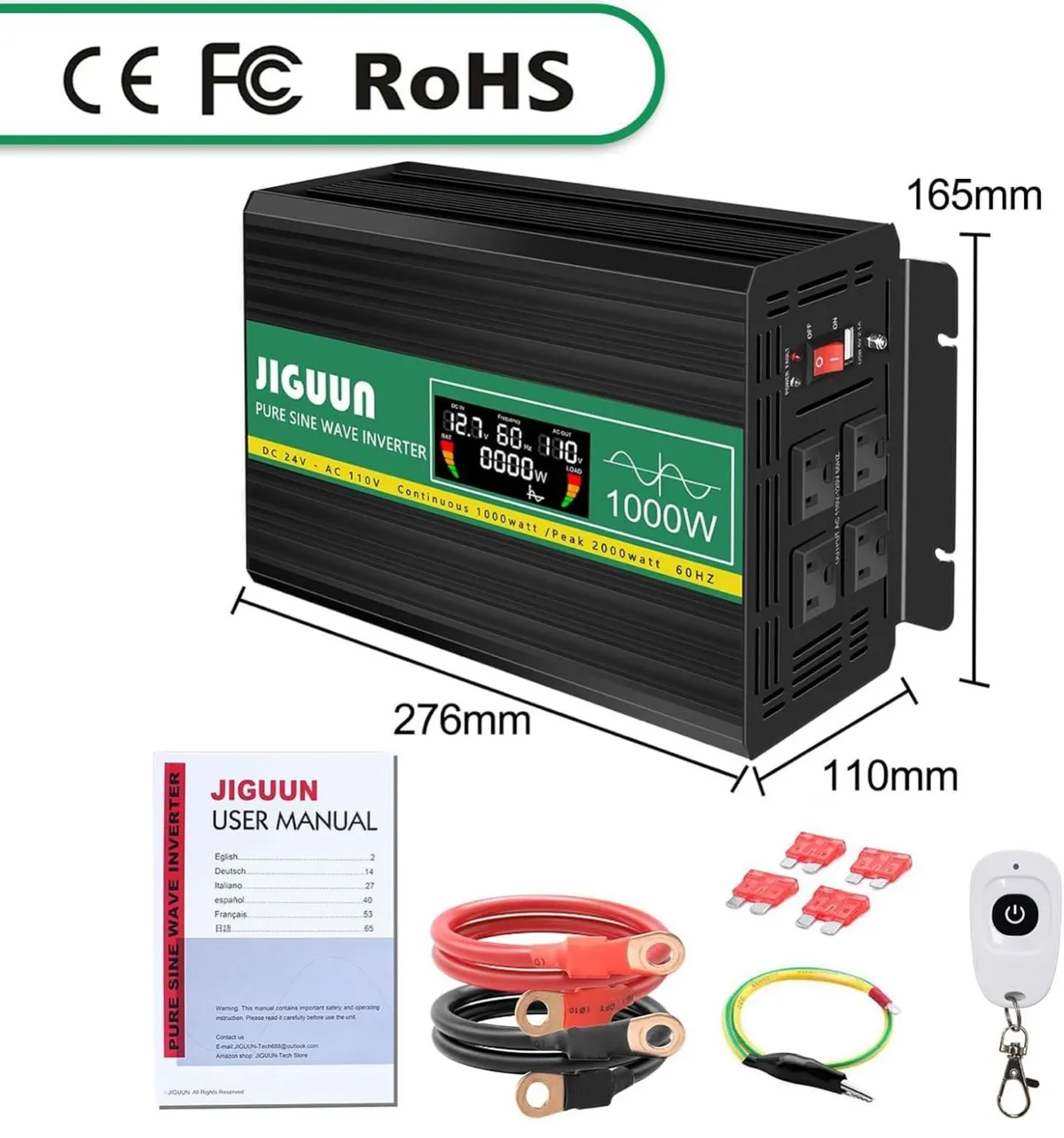 Power Inverter 1000 Watt, DC 12V to AC 120V Pure Sine Wave Inverter with LCD Display, 4 AC Outlets&USB Output, Power Converter with Remote Control  PEAK CURRENT 2000Watt