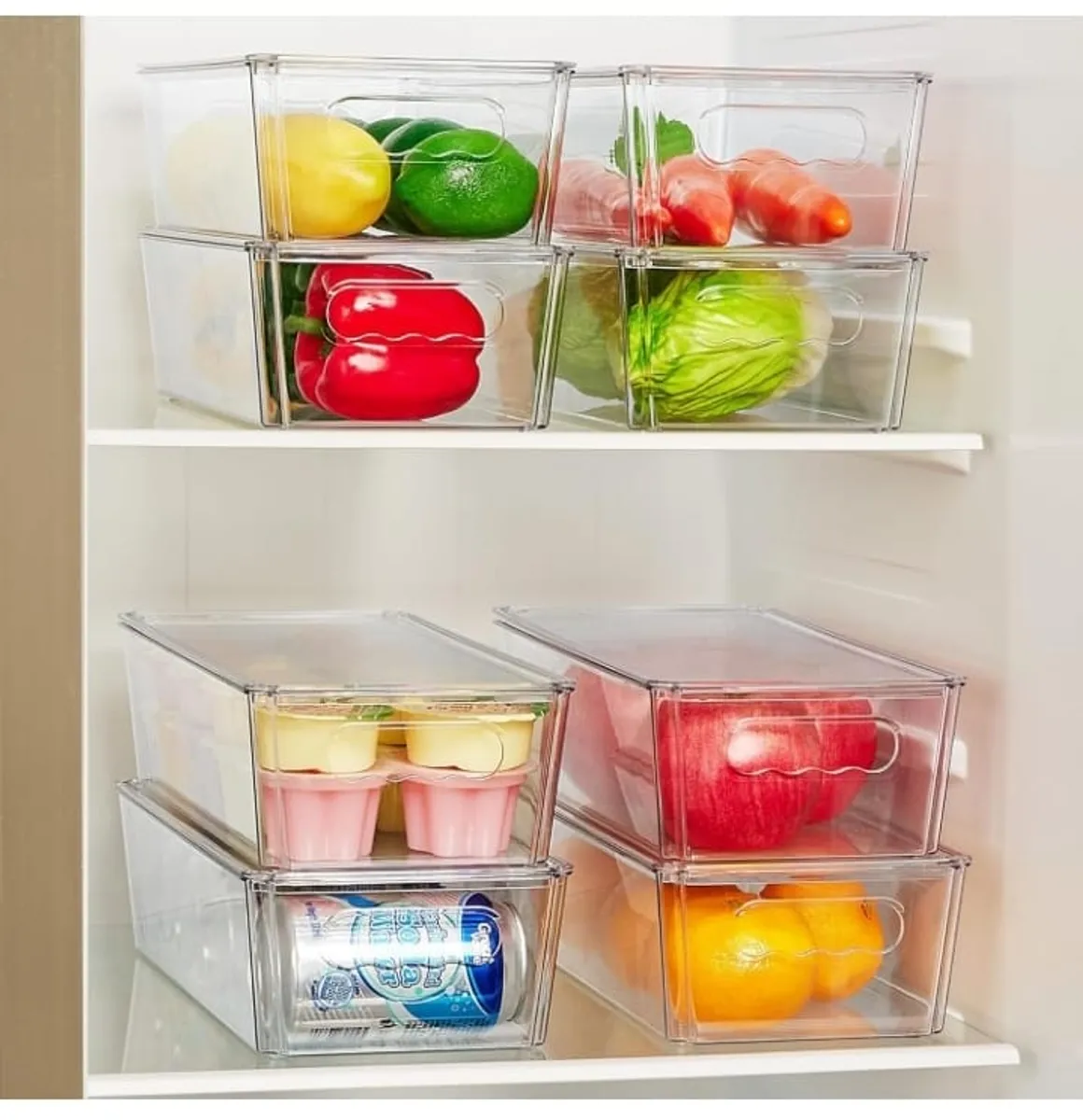 8pcs Clear Organizers and Storage Bins with Lids, Stackable Plastic Storage Containers with Handles for Fridge, Freezer, Pantry, Cabinet, Kitchen Organization