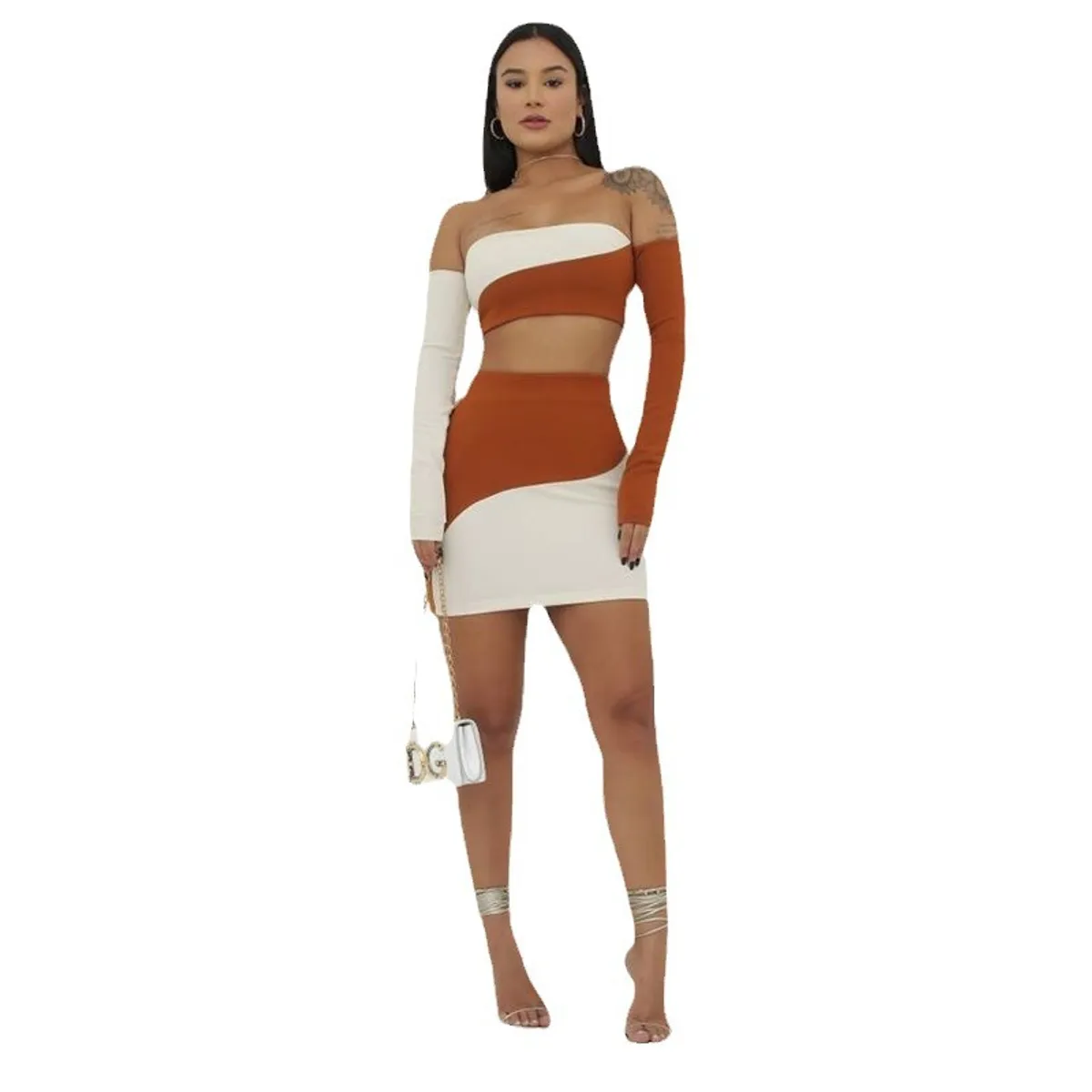 Off-shoulder Contrast-color Sheath Skirt Set Women Size S