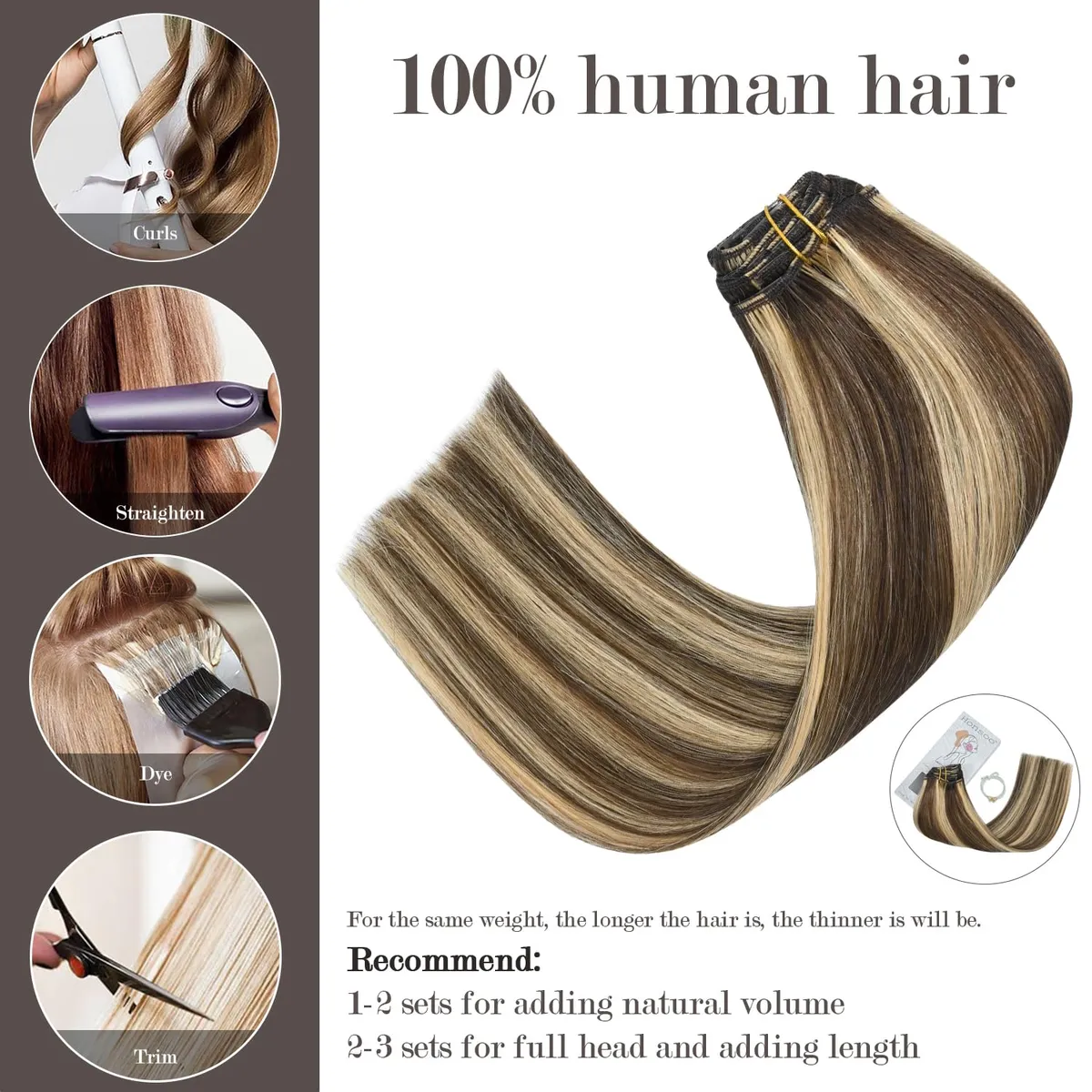 Honsoo Clip In Hair Extensions Real Human Hair Chocolate Brown To Caramel Blonde 12in 70g 7pcs Soft Hair