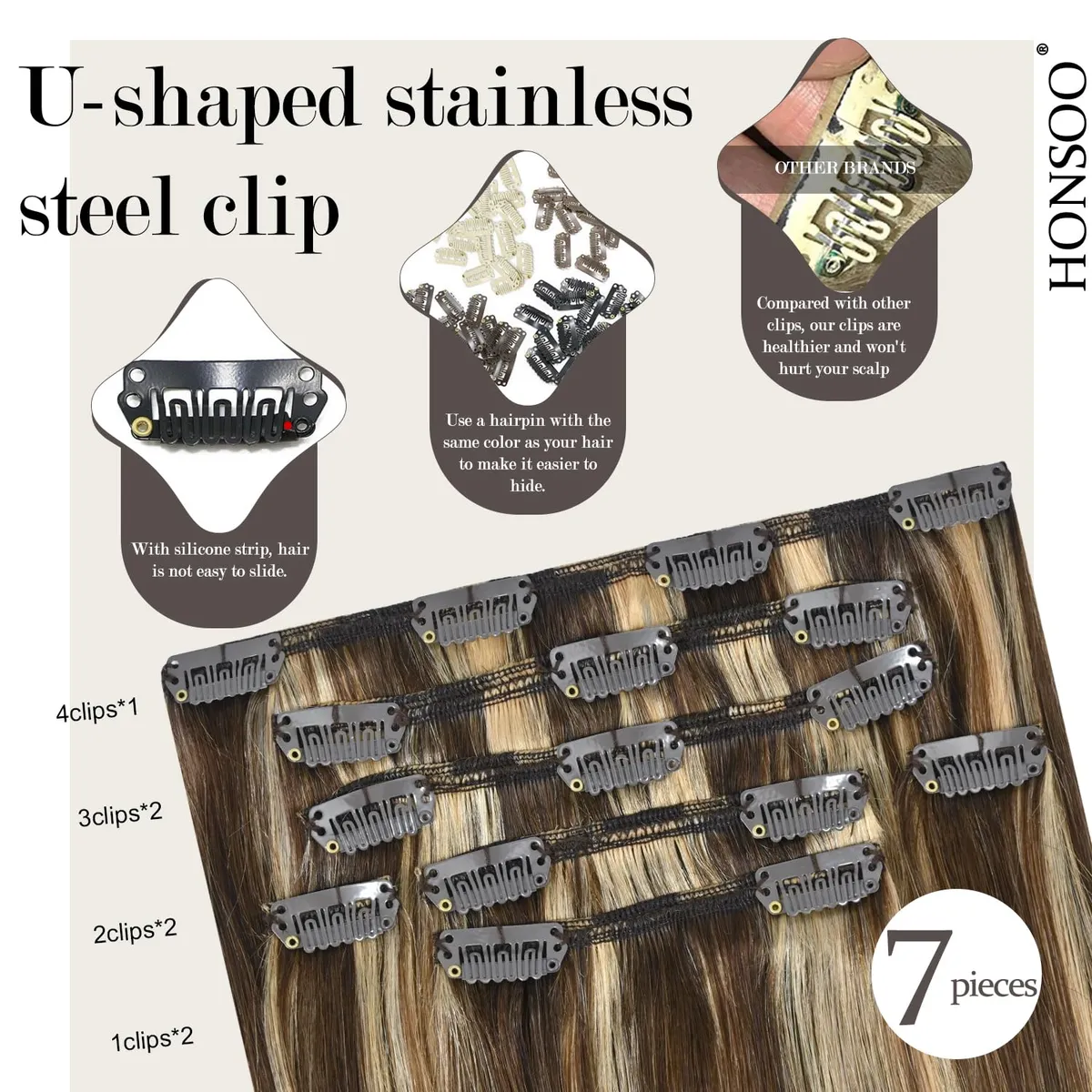Honsoo Clip In Hair Extensions Real Human Hair Chocolate Brown To Caramel Blonde 12in 70g 7pcs Soft Hair