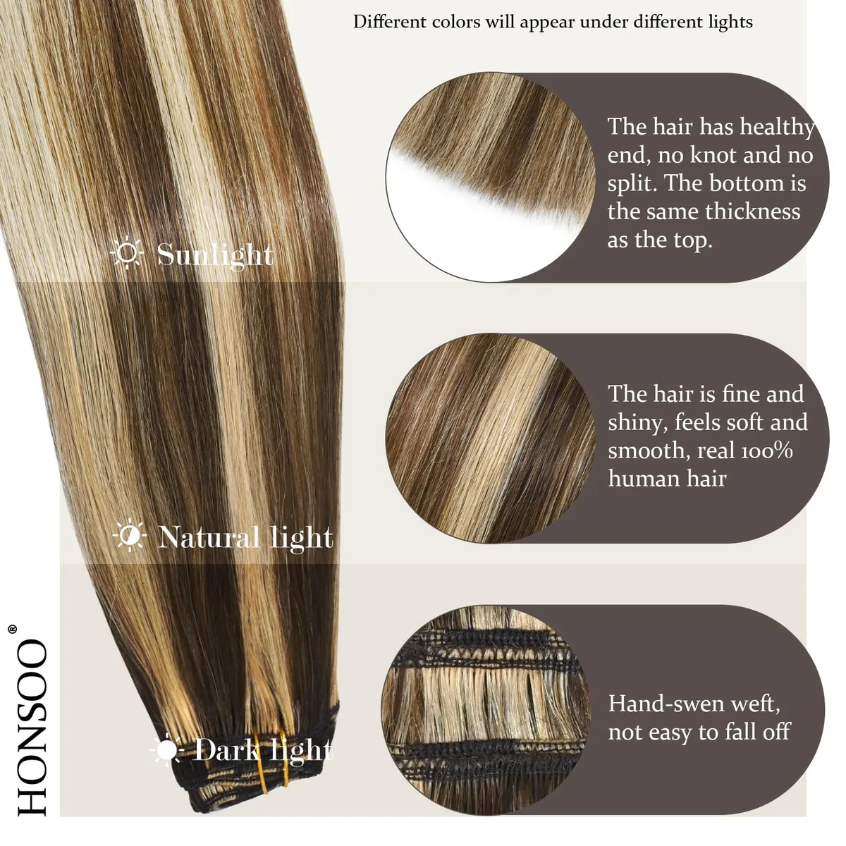 Honsoo Clip In Hair Extensions Real Human Hair Chocolate Brown To Caramel Blonde 12in 70g 7pcs Soft Hair