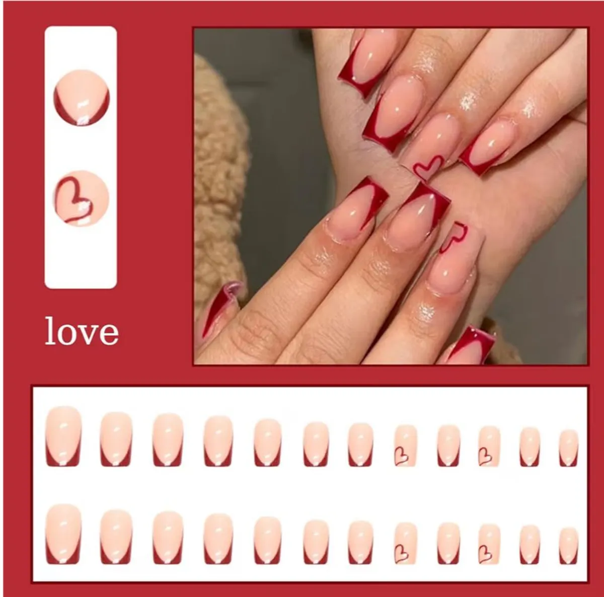 Square Press on Nails Short Fake Nails French Acrylic Full Cover False Nails for Women and Girls 24PCS , Red French
