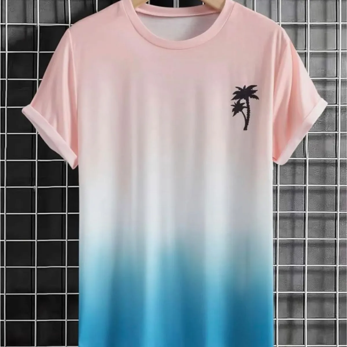 Men's Short Sleeve Crew Neck Palm Tree Casual Summer Shirt Pink Blue