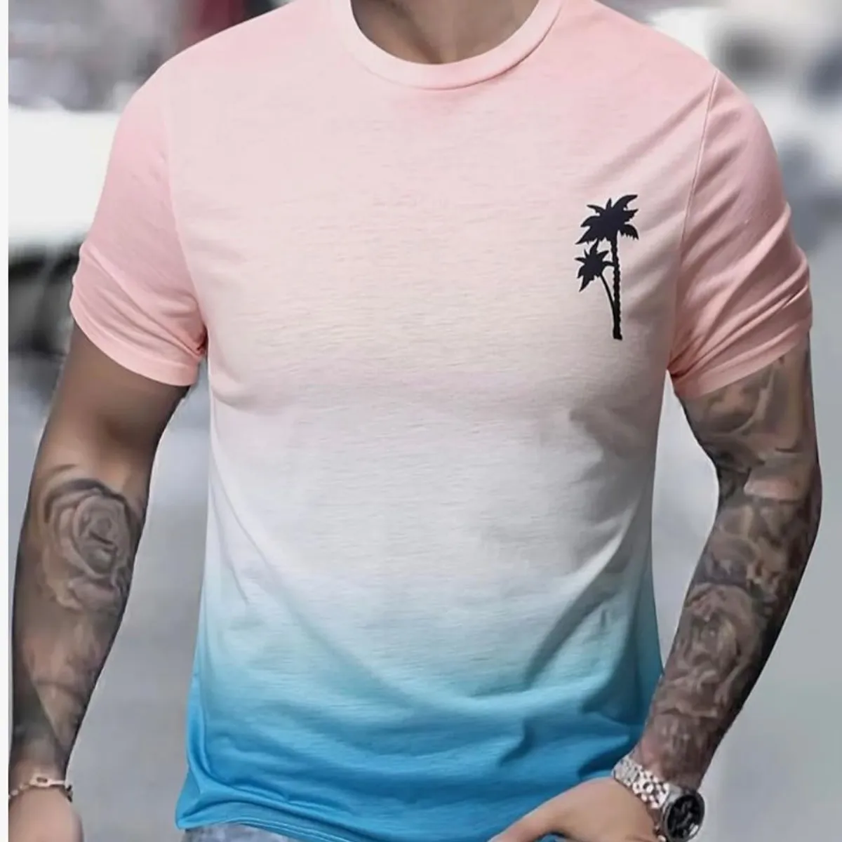 Men's Short Sleeve Crew Neck Palm Tree Casual Summer Shirt Pink Blue