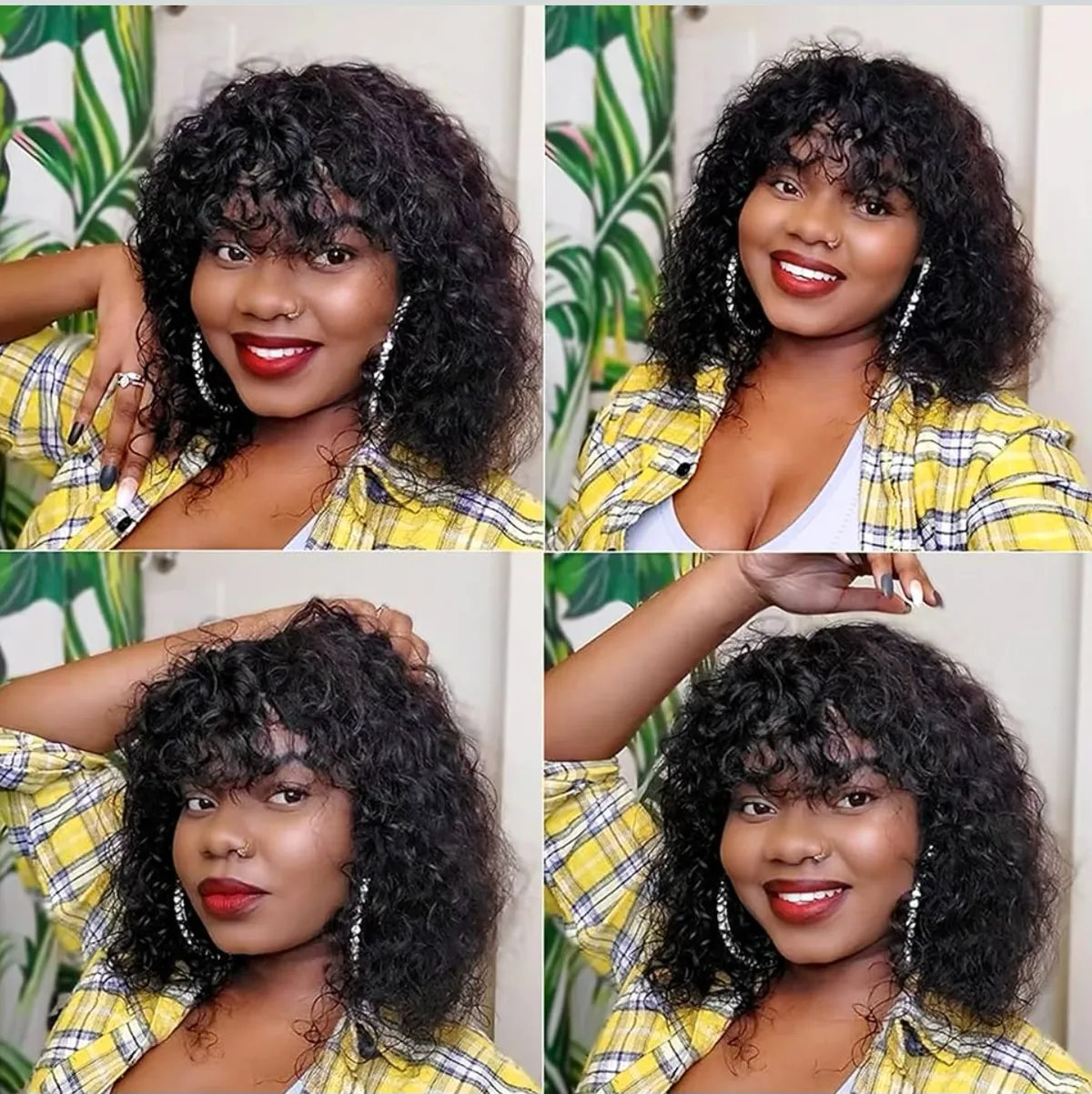 12 inch natural black Short Curly Human Hair Wig with Bangs Short Curly Bob Wig Human Hair with Bangs Water Wave Glueless Bob Wig Wear and Go No Lace 180% Density Brazilian Virgin Human Hair