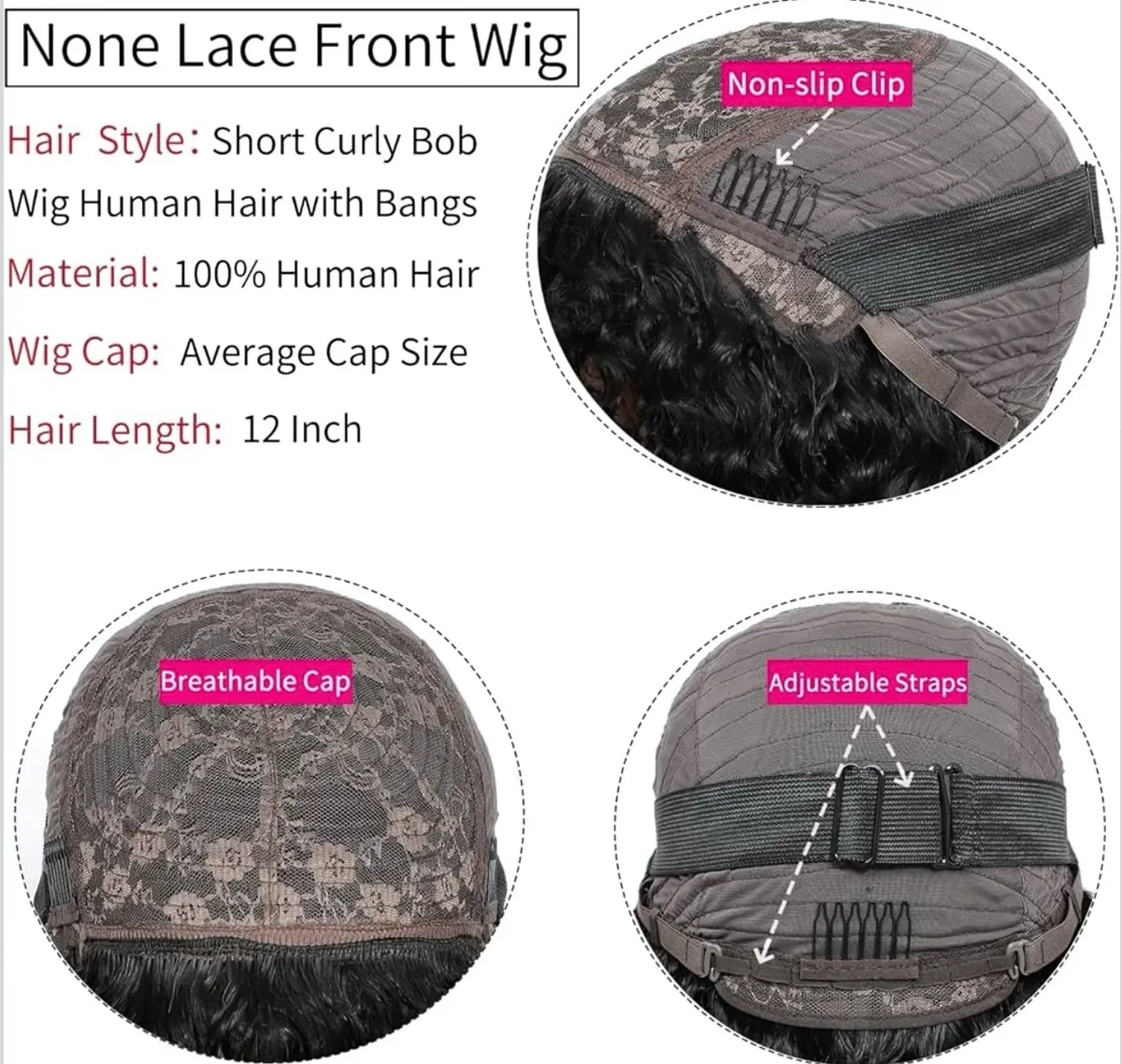 12 inch natural black Short Curly Human Hair Wig with Bangs Short Curly Bob Wig Human Hair with Bangs Water Wave Glueless Bob Wig Wear and Go No Lace 180% Density Brazilian Virgin Human Hair