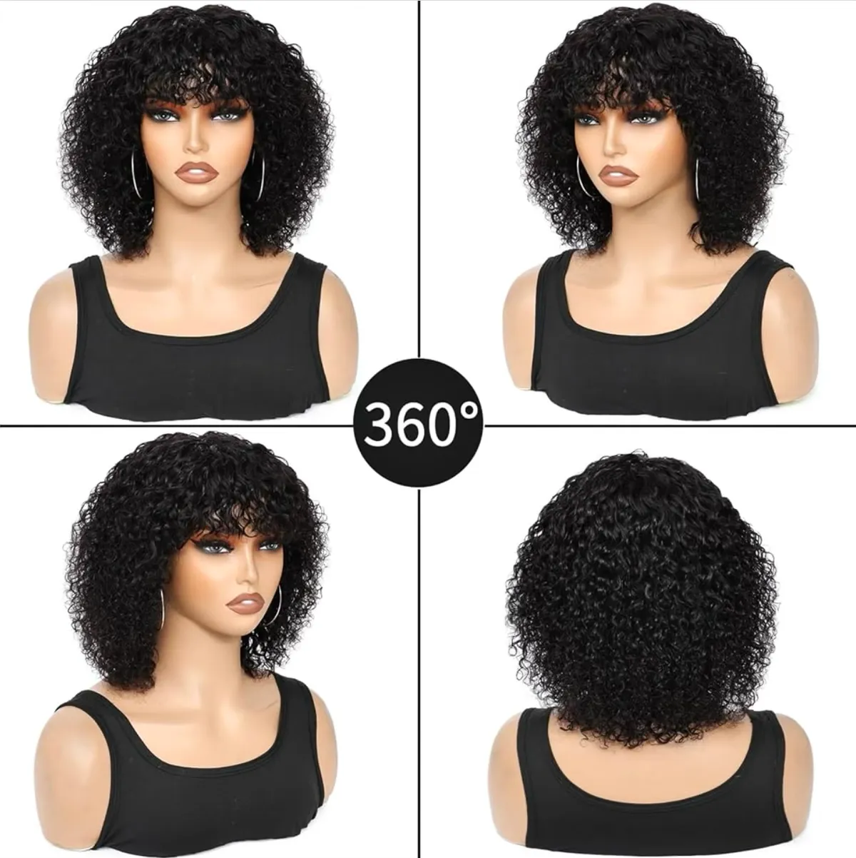 12 inch natural black Short Curly Human Hair Wig with Bangs Short Curly Bob Wig Human Hair with Bangs Water Wave Glueless Bob Wig Wear and Go No Lace 180% Density Brazilian Virgin Human Hair