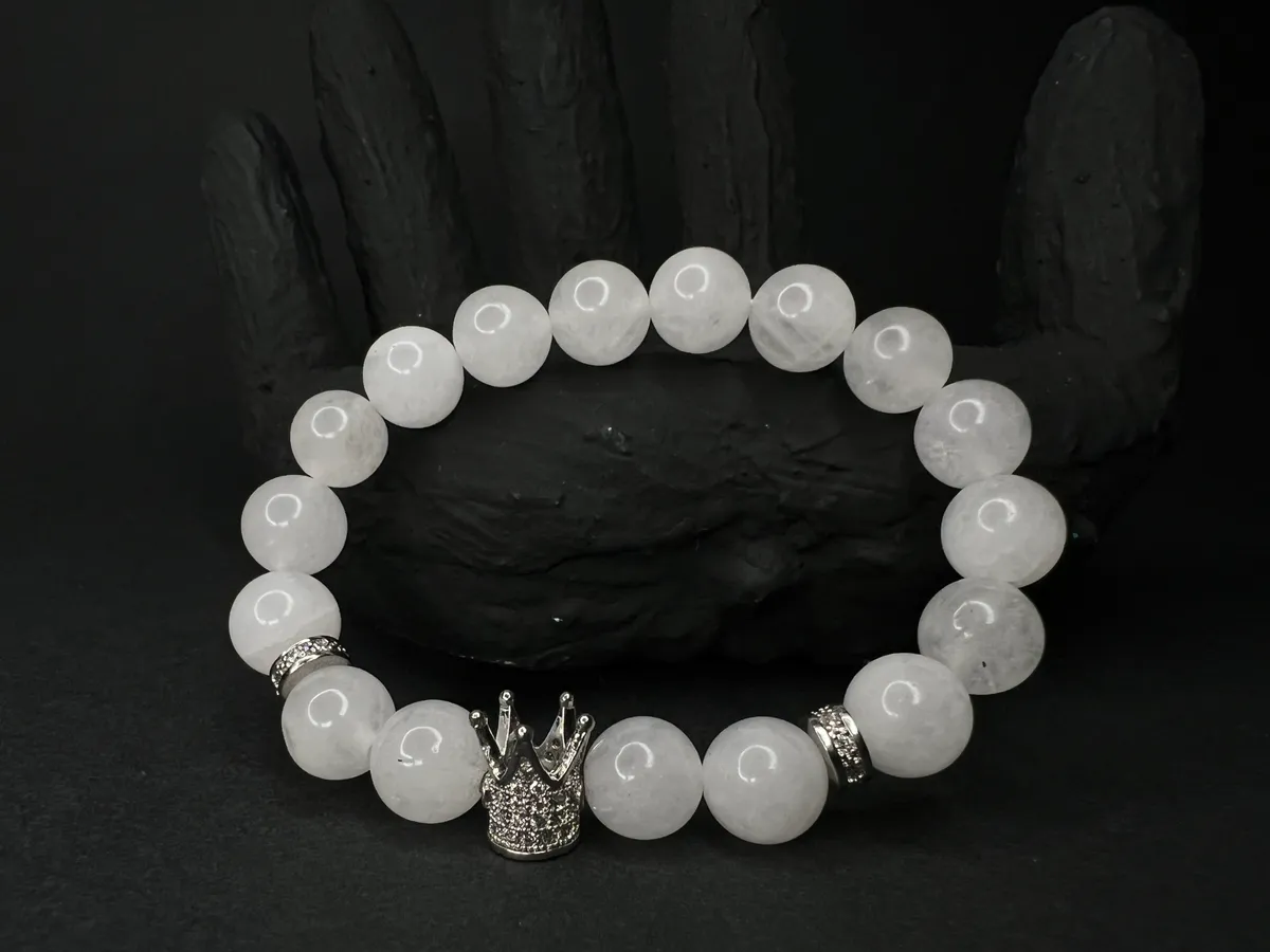 Bead Bracelet White Jade 15.5cm Elastic Silver Crown