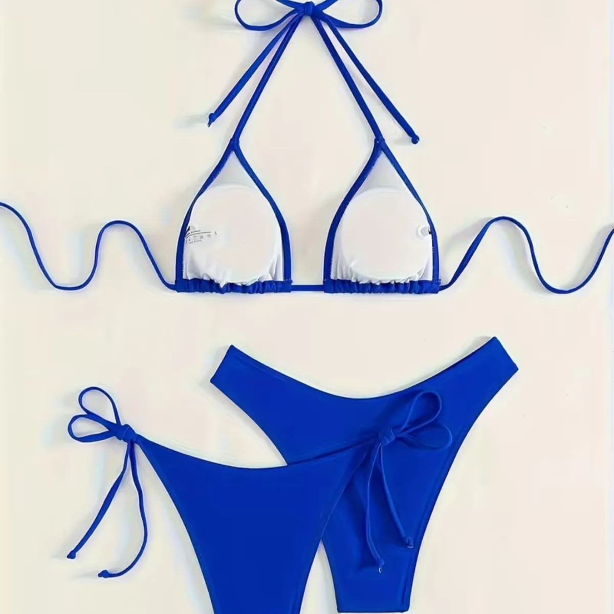 Chic 3pcs Blue Bikini Set Swimsuit Halter Neck, Tie-Side High Cut, Stretch, Non-Transparent Fabric - Size M