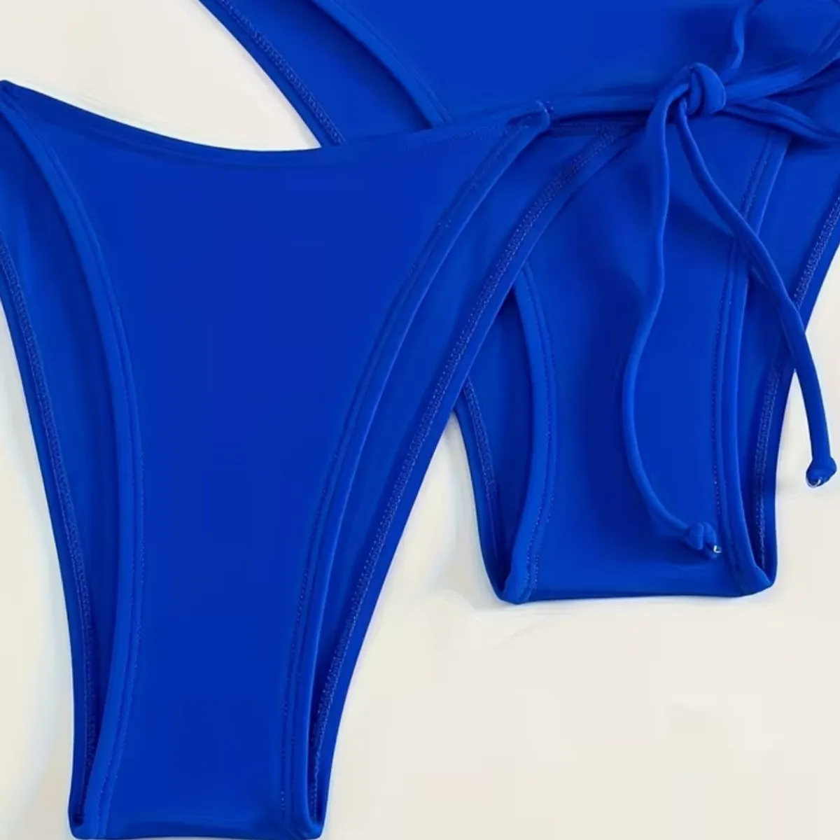 Chic 3pcs Blue Bikini Set Swimsuit Halter Neck, Tie-Side High Cut, Stretch, Non-Transparent Fabric - Size M