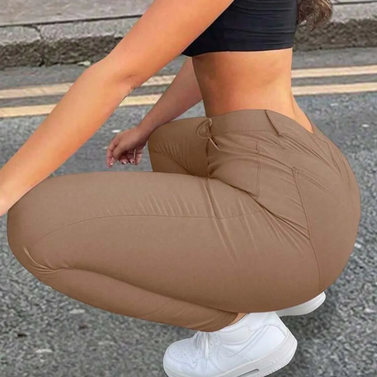 Slant Pocket High Waist Skinny Brown Pants - Size XXL