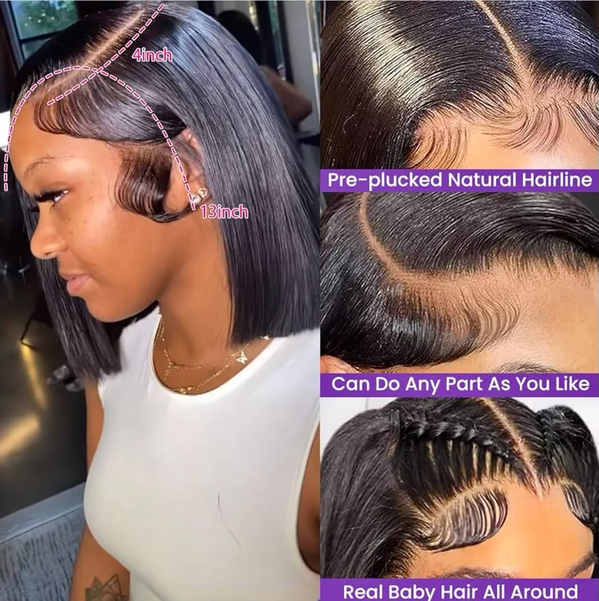 10 inch Bob Wig Human Hair Glueless Wigs Human Hair 13x4 HD Lace Front Wigs Pre Plucked Pre Cut 180% Density Short Straight Bob Wigs for Black Women