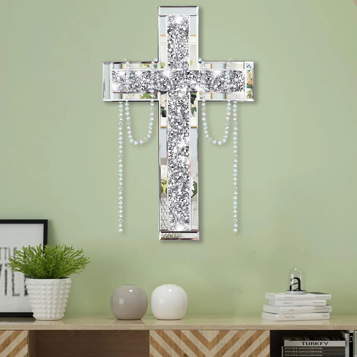 Crushed Diamond Wall Cross with Mirror & Beads 20x12.5 Inch Decorative Crystal Cross for Wall & Table.
