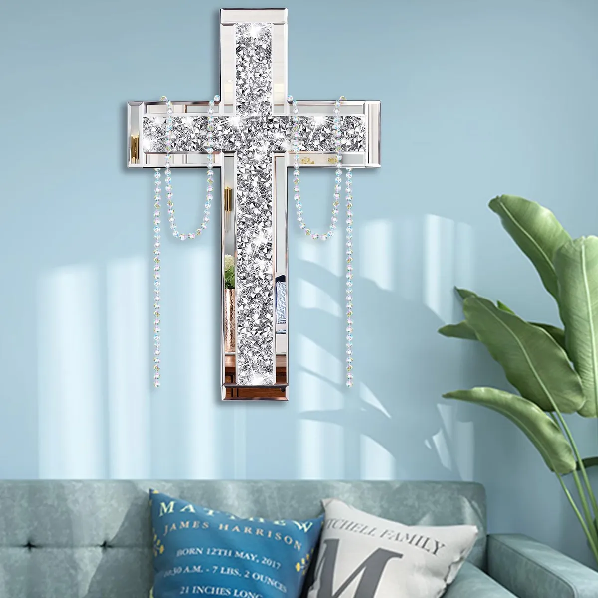 Crushed Diamond Wall Cross with Mirror & Beads 20x12.5 Inch Decorative Crystal Cross for Wall & Table.