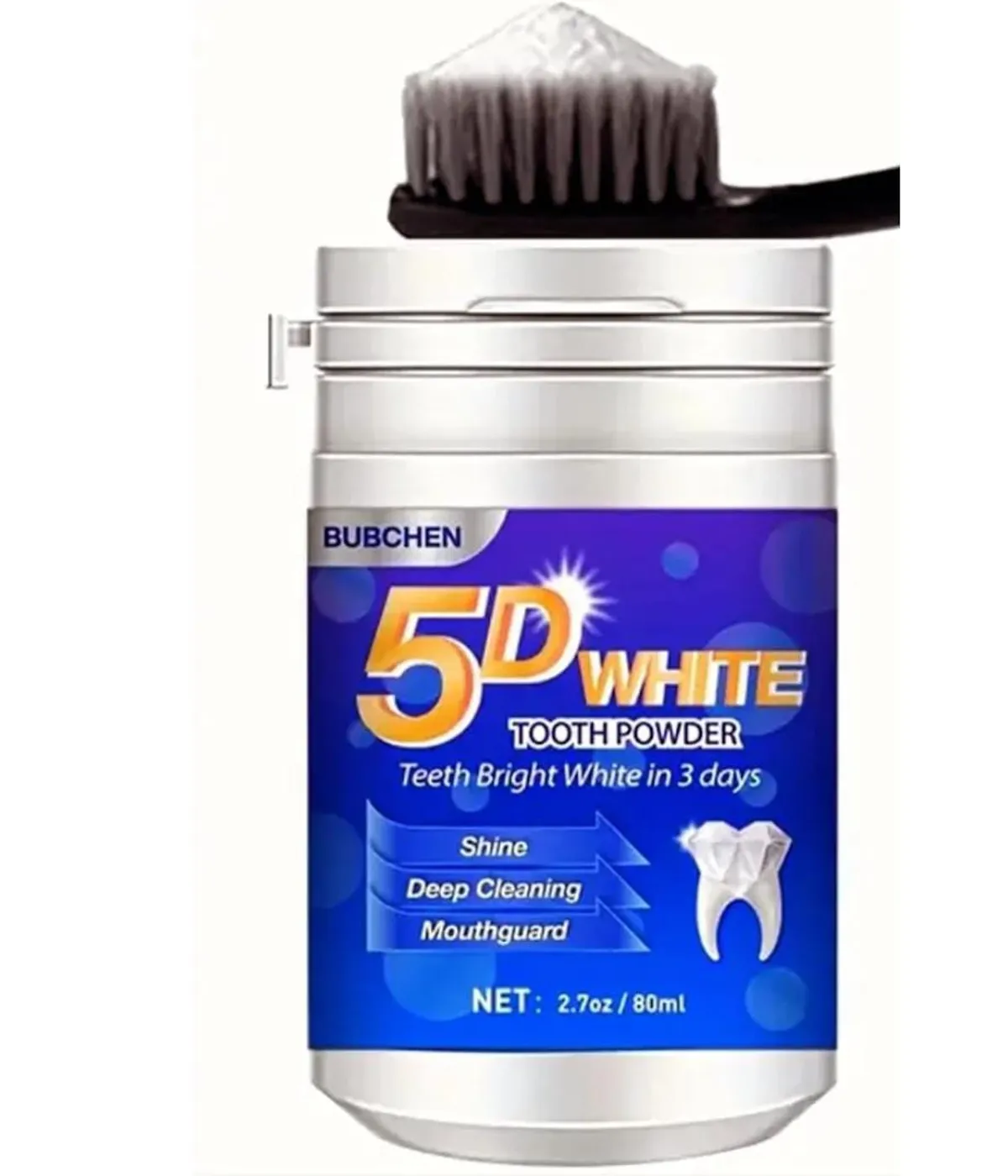 Bubchen 5D White Tooth Powder, Deep Cleaning with Mouthguard, 80ml, Teeth Whitening in 3 Days