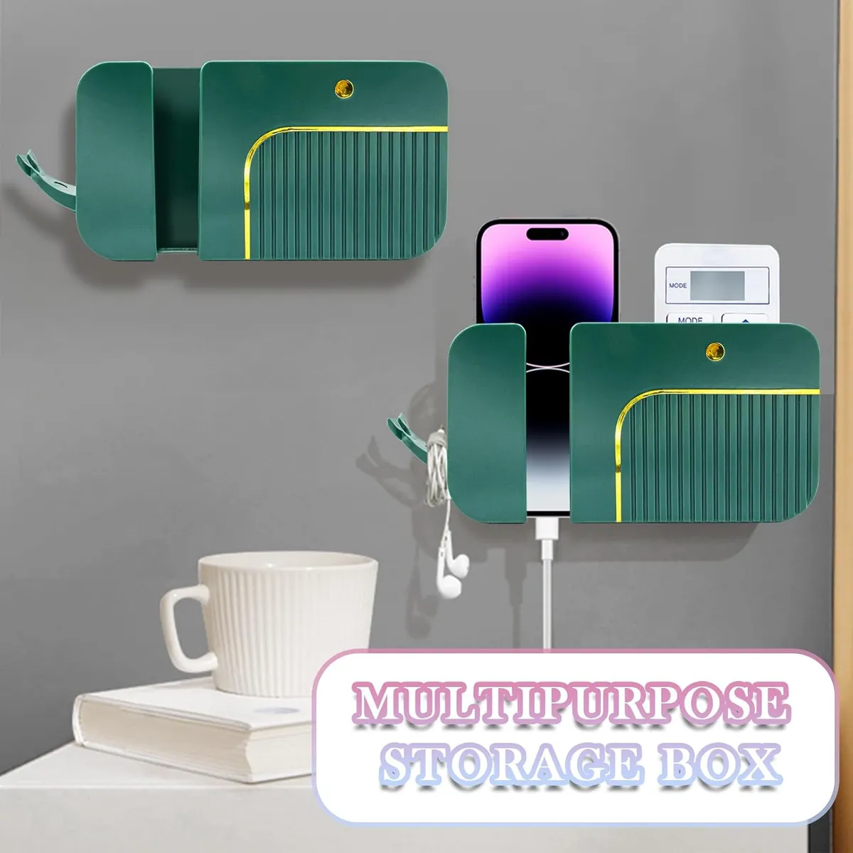 Wall Mount Phone Holder Remote Control Storage Box Bedside