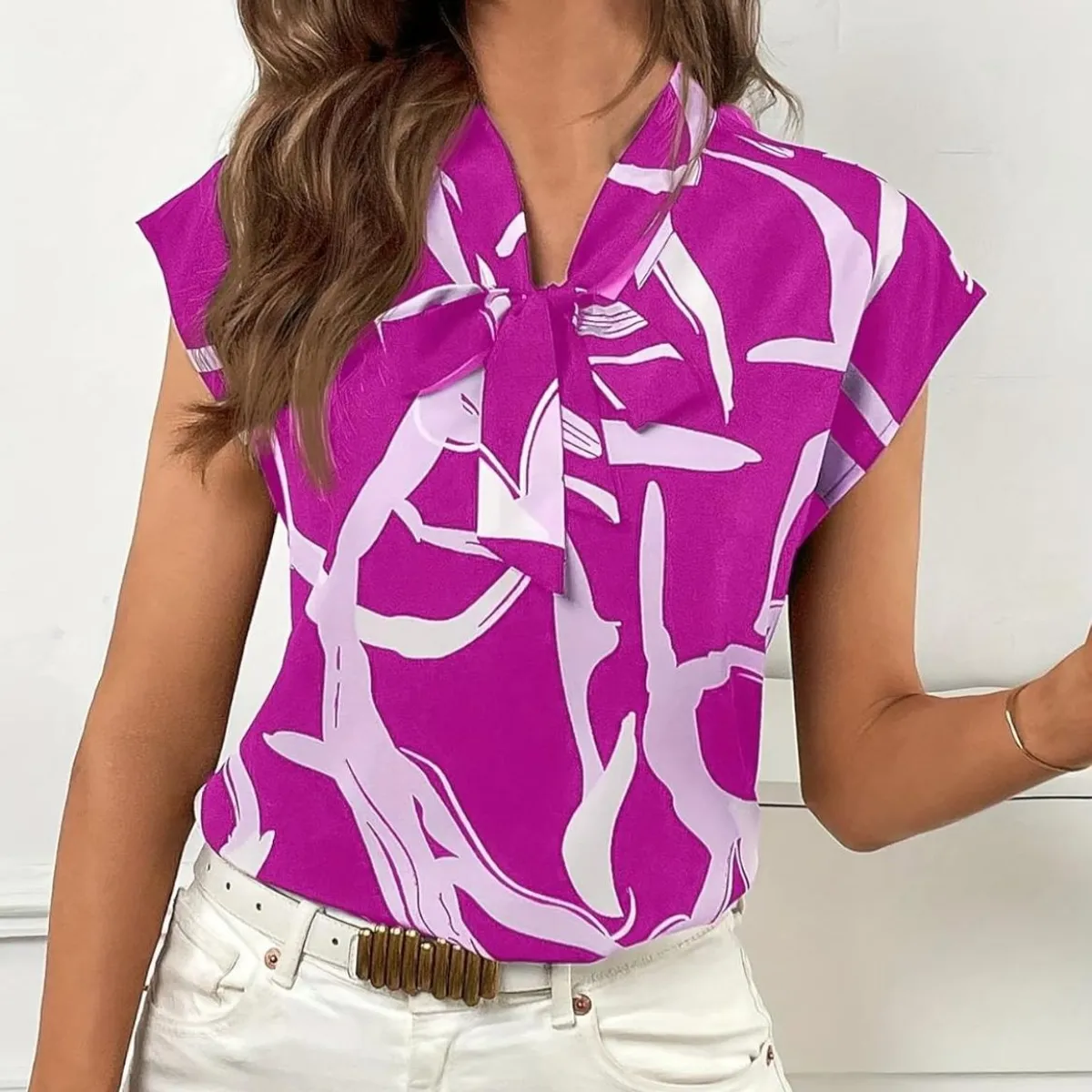 Plus Size Women's Sleeveless Blouse Purple Abstract Print Bow Neck Design Size L